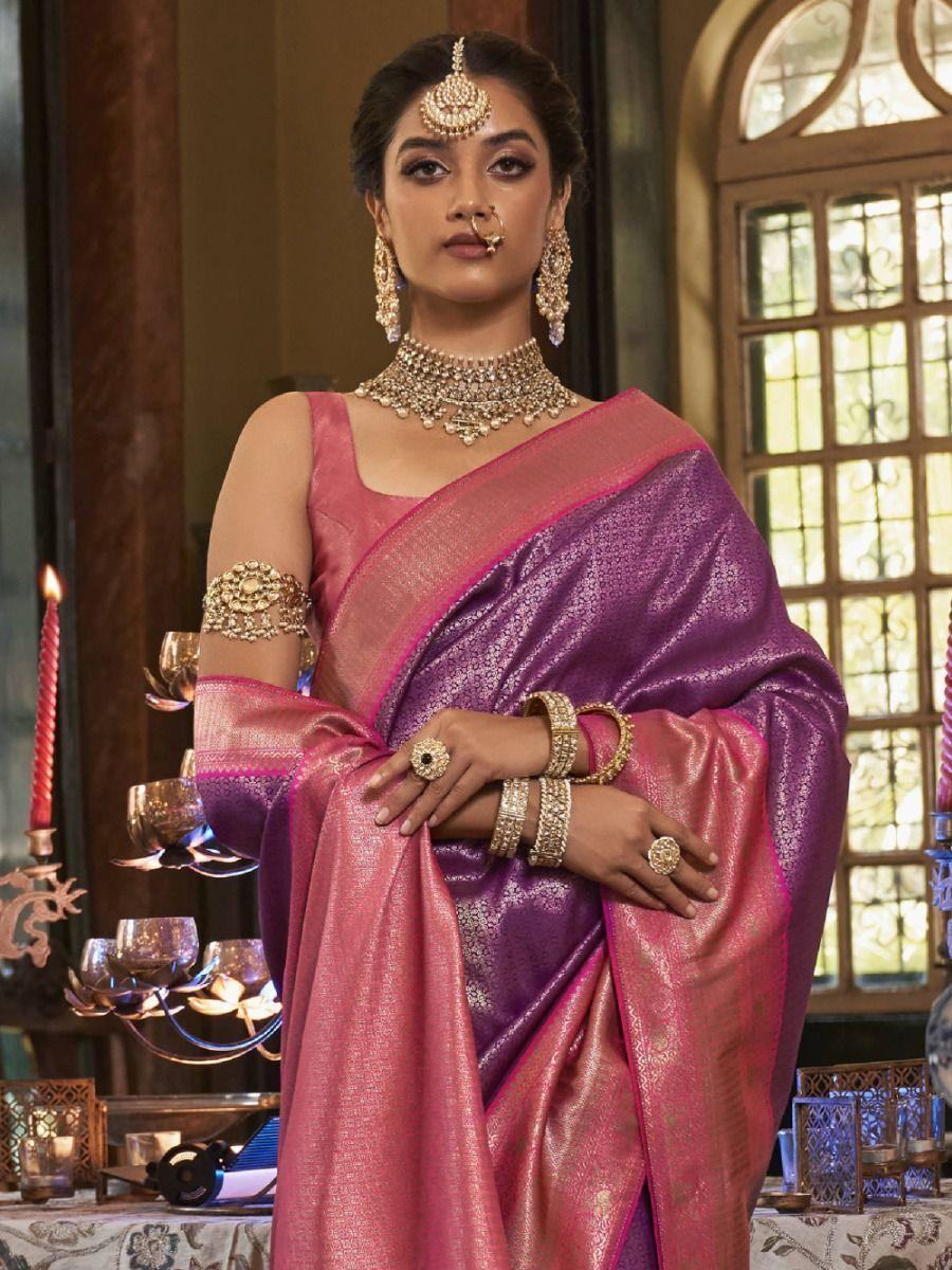 Beautiful Purple Zari Woven Kanjivaram Silk Wedding Wear Saree - Zeel Clothing