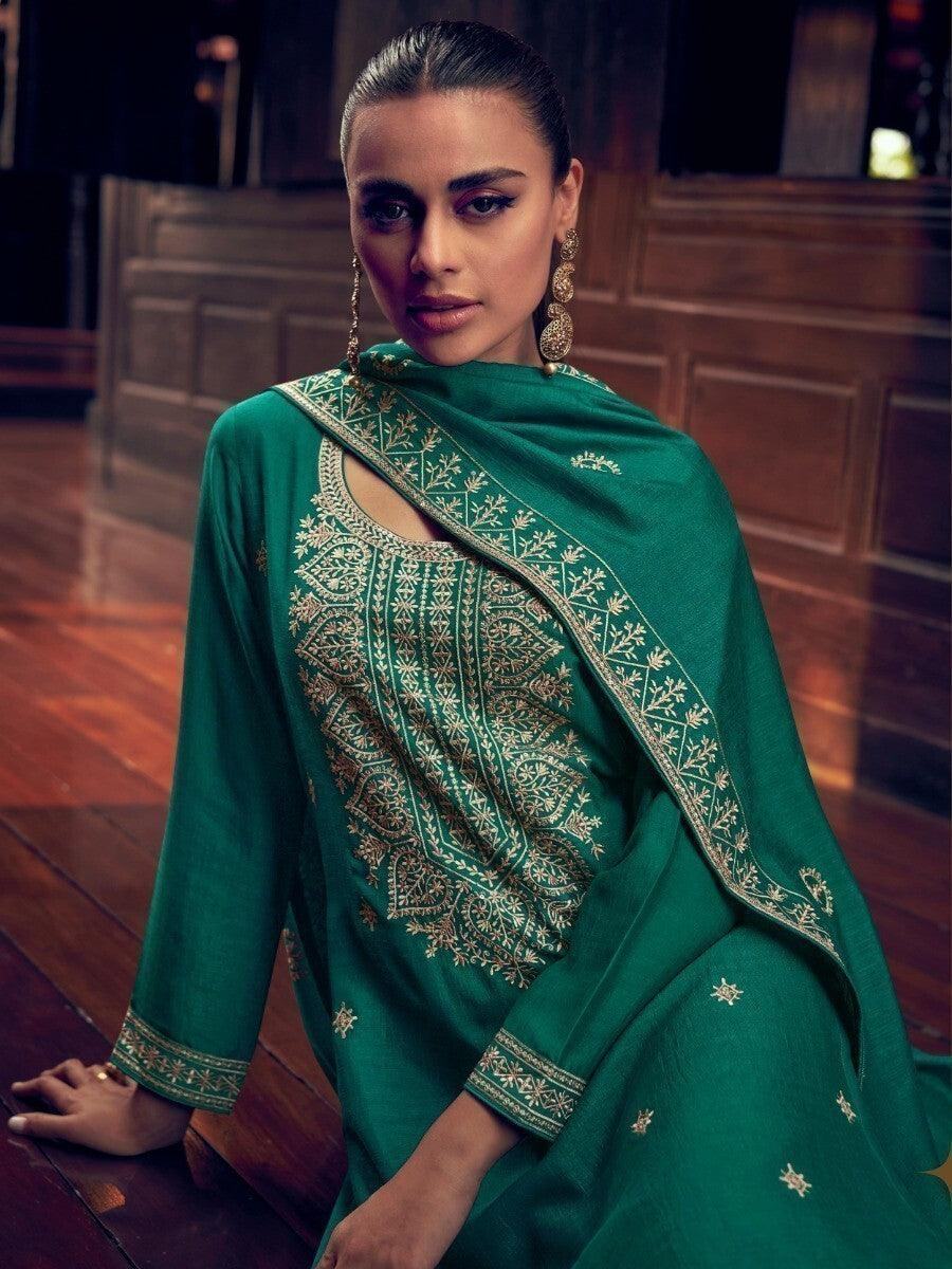 Beautiful Rama Green Embroidered Silk Festive Wear Suit Pant With Dupatta