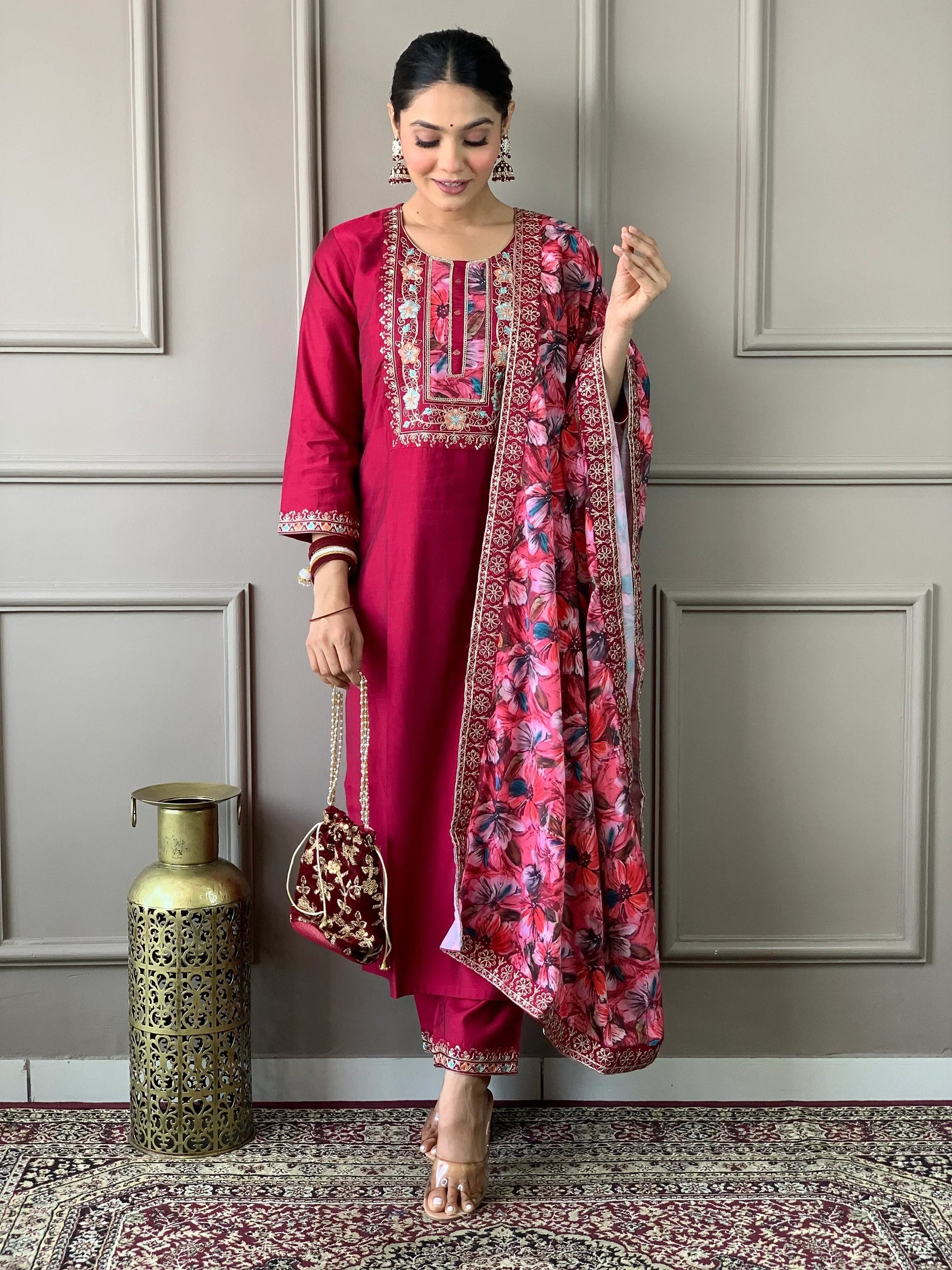 Beautiful Rani Pink Embroidered Chanderi Silk Event Wear Pant Suit - Zeel Clothing