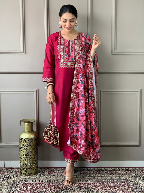 Beautiful Rani Pink Embroidered Chanderi Silk Event Wear Pant Suit - Zeel Clothing
