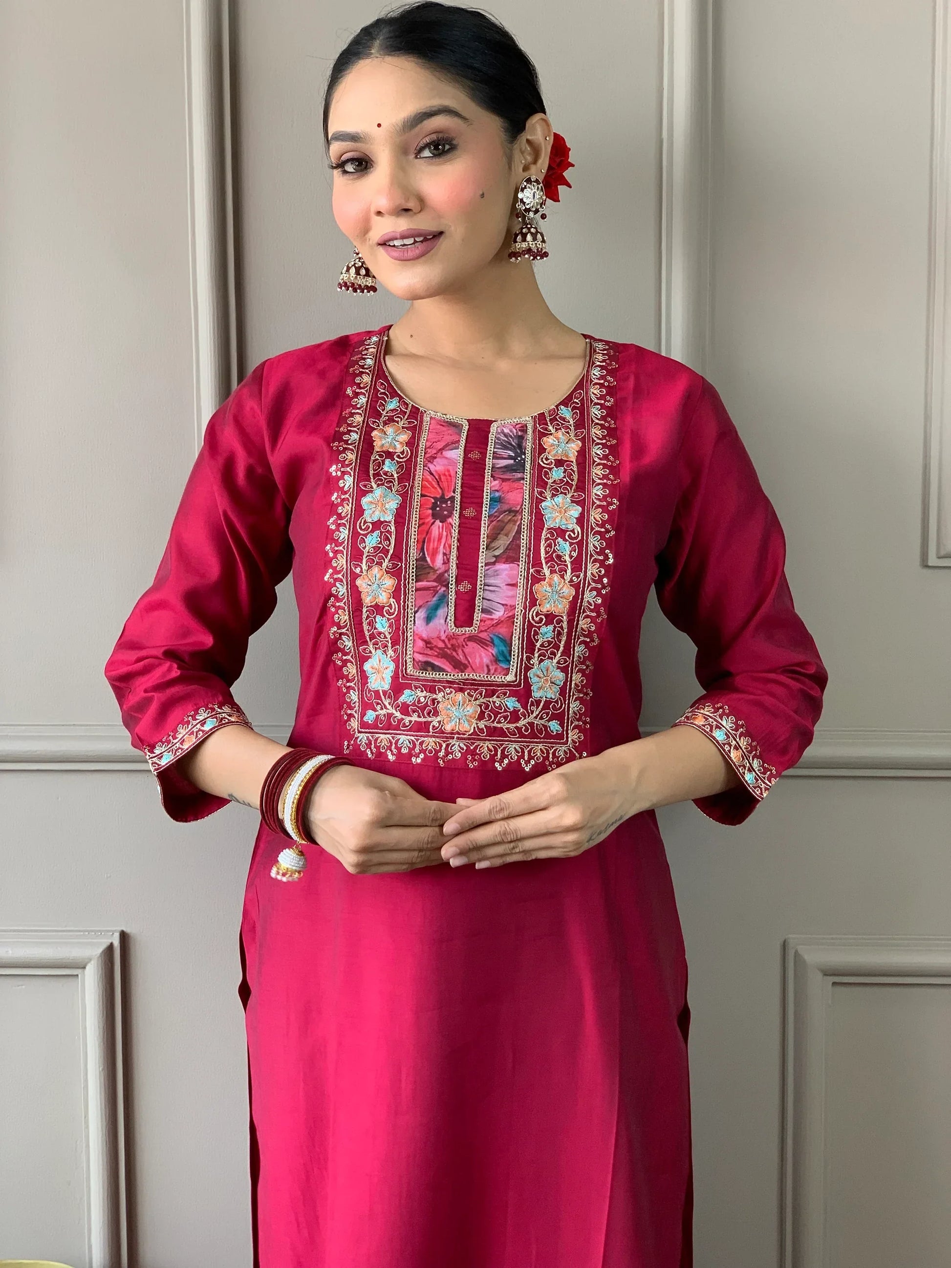 Beautiful Rani Pink Embroidered Chanderi Silk Event Wear Pant Suit - Zeel Clothing