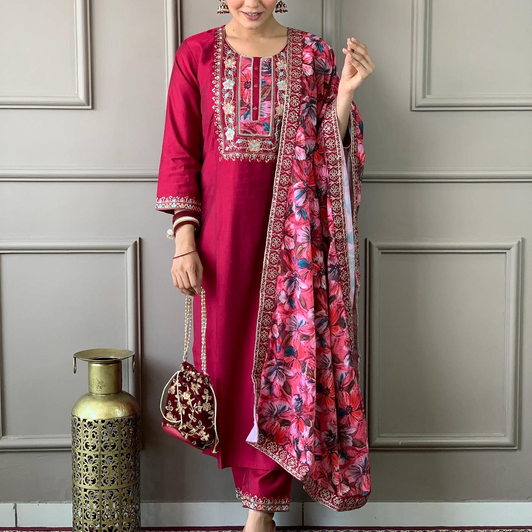 Beautiful Rani Pink Embroidered Chanderi Silk Event Wear Pant Suit - Zeel Clothing