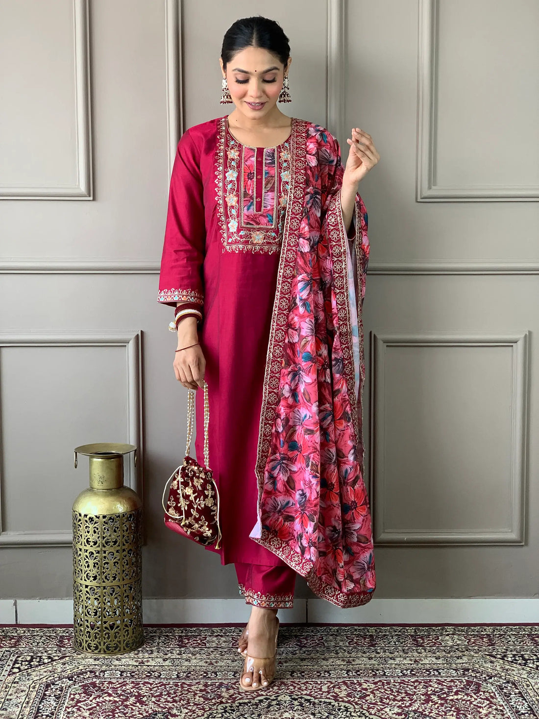Beautiful Rani Pink Embroidered Chanderi Silk Event Wear Pant Suit - Zeel Clothing