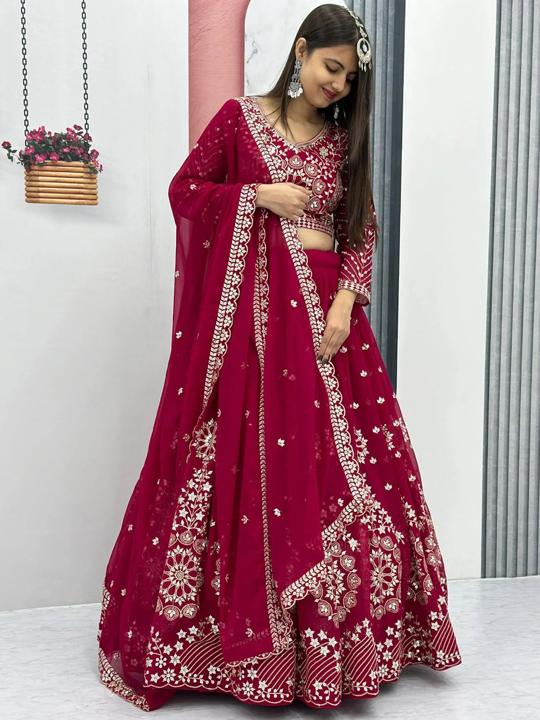 Beautiful Rani Pink Embroidered Georgette Wedding Lehenga Choli - Zeel Clothing
