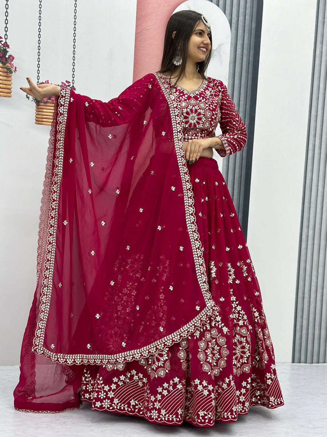 Beautiful Rani Pink Embroidered Georgette Wedding Lehenga Choli - Zeel Clothing