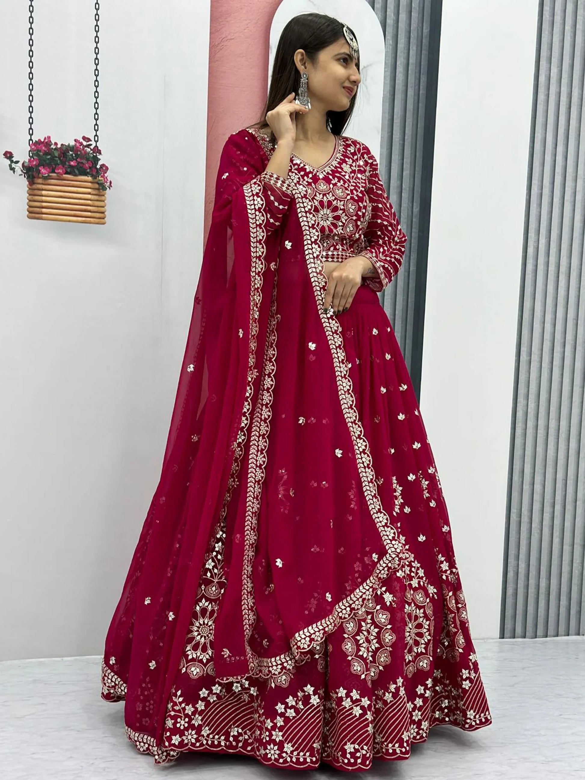 Beautiful Rani Pink Embroidered Georgette Wedding Lehenga Choli - Zeel Clothing