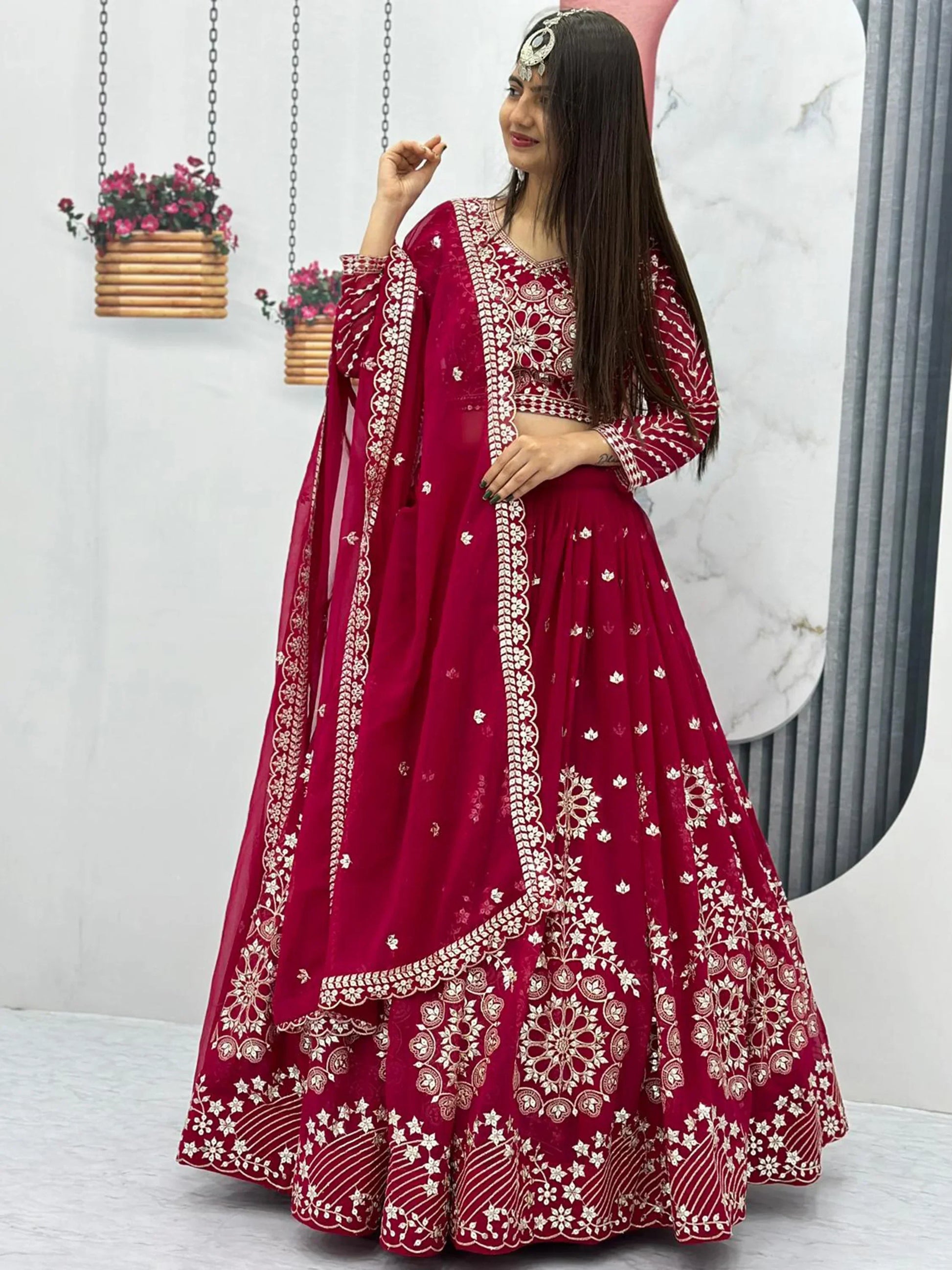 Beautiful Rani Pink Embroidered Georgette Wedding Lehenga Choli - Zeel Clothing