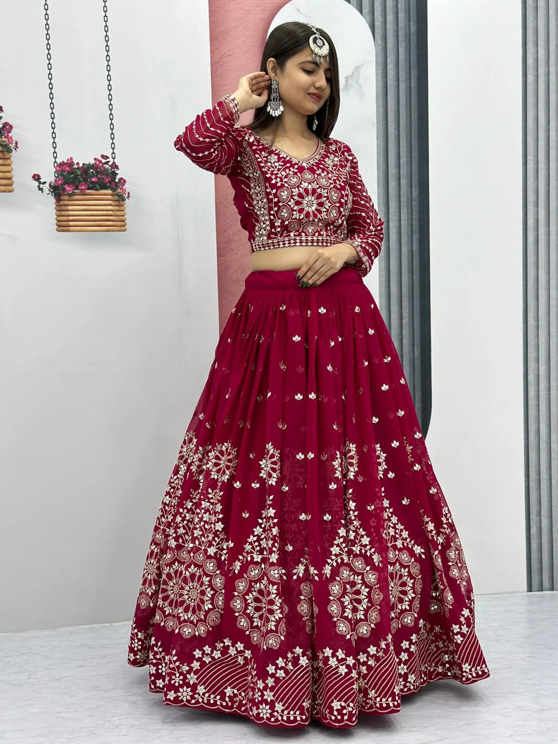 Beautiful Rani Pink Embroidered Georgette Wedding Lehenga Choli - Zeel Clothing