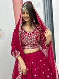 Beautiful Rani Pink Embroidered Georgette Wedding Lehenga Choli - Zeel Clothing
