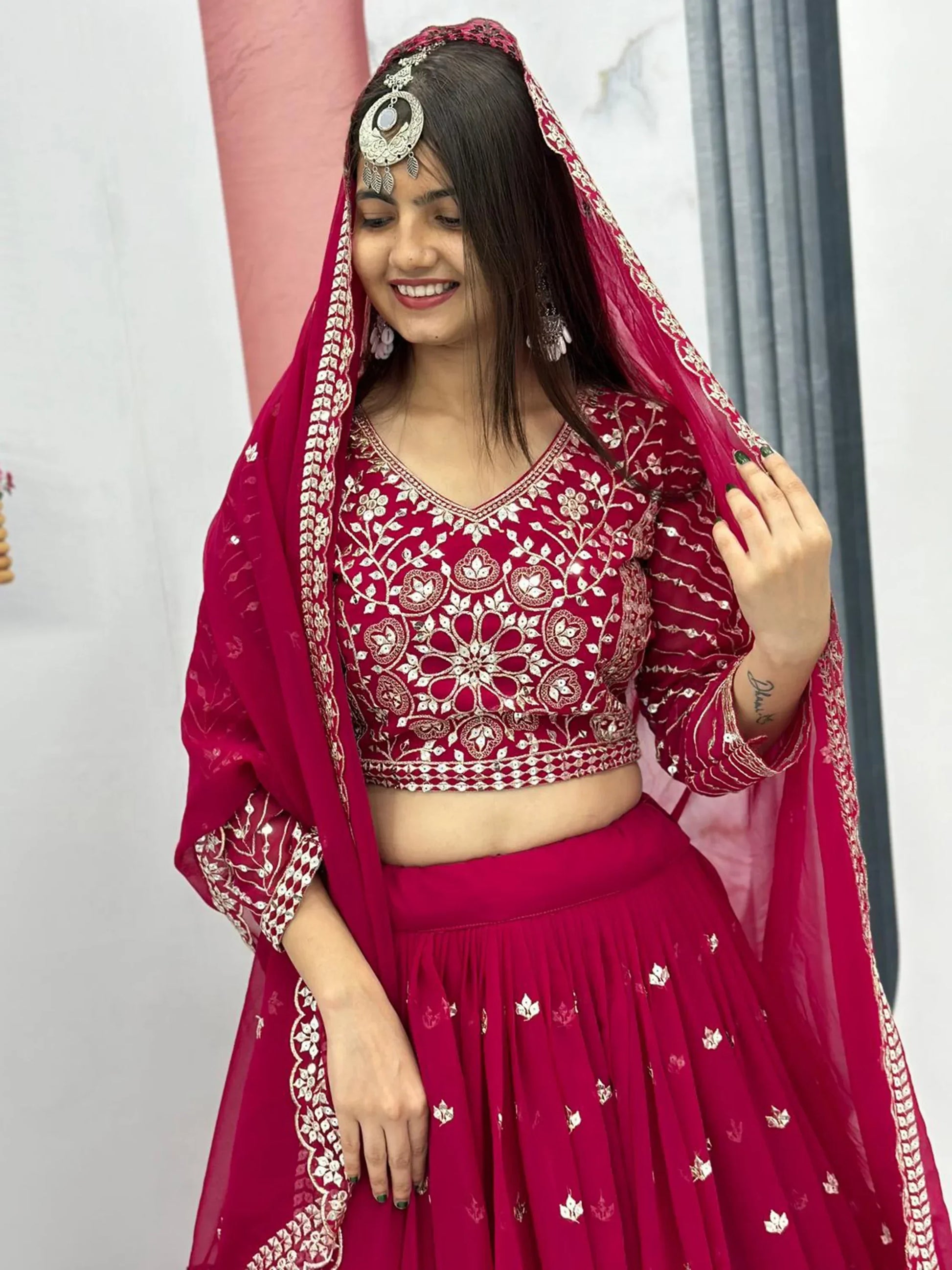 Beautiful Rani Pink Embroidered Georgette Wedding Lehenga Choli - Zeel Clothing
