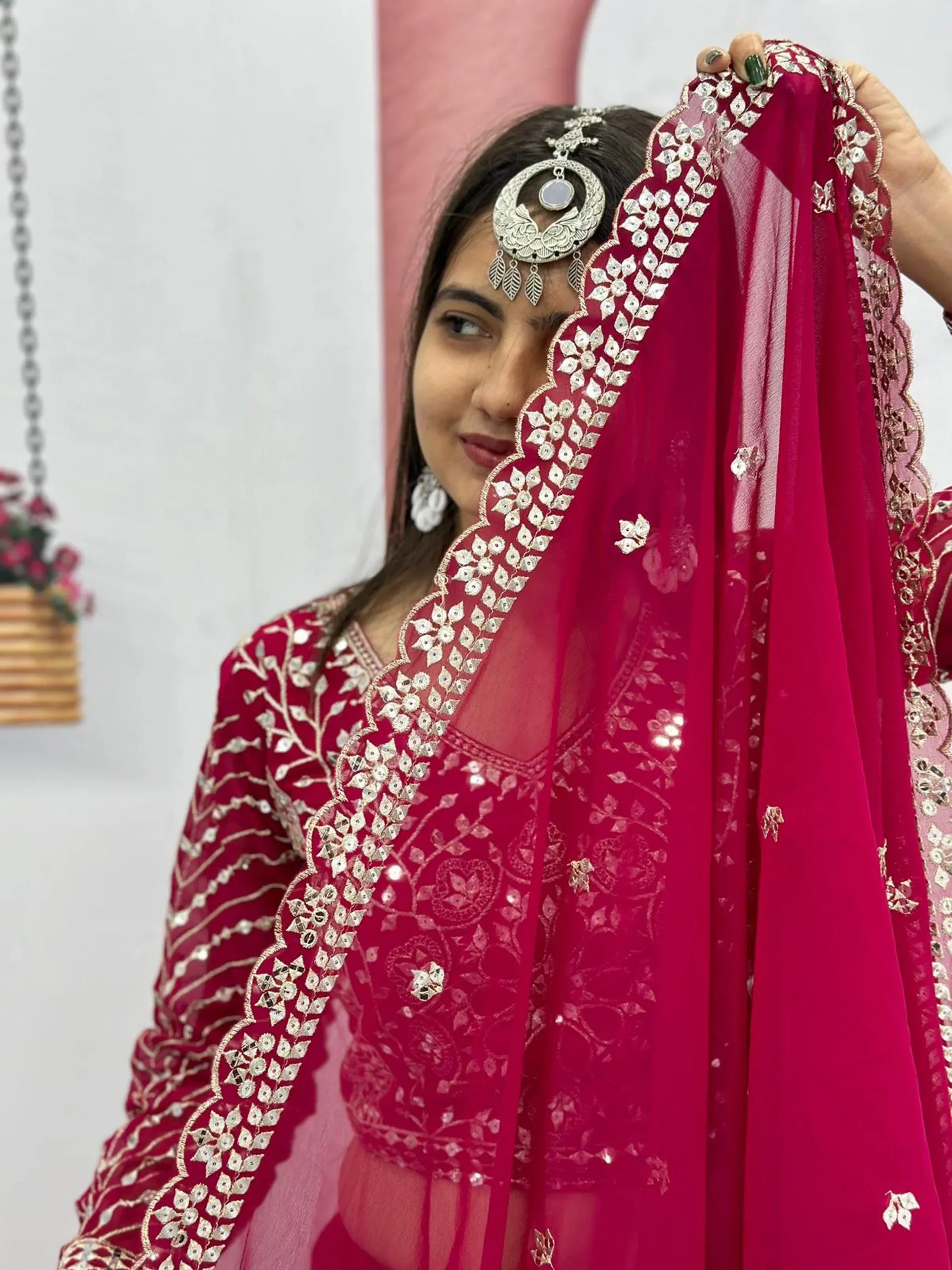 Beautiful Rani Pink Embroidered Georgette Wedding Lehenga Choli - Zeel Clothing
