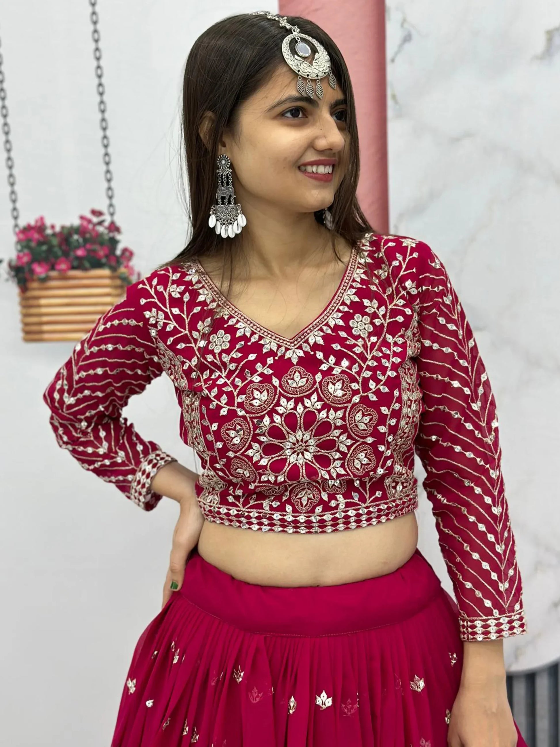 Beautiful Rani Pink Embroidered Georgette Wedding Lehenga Choli - Zeel Clothing