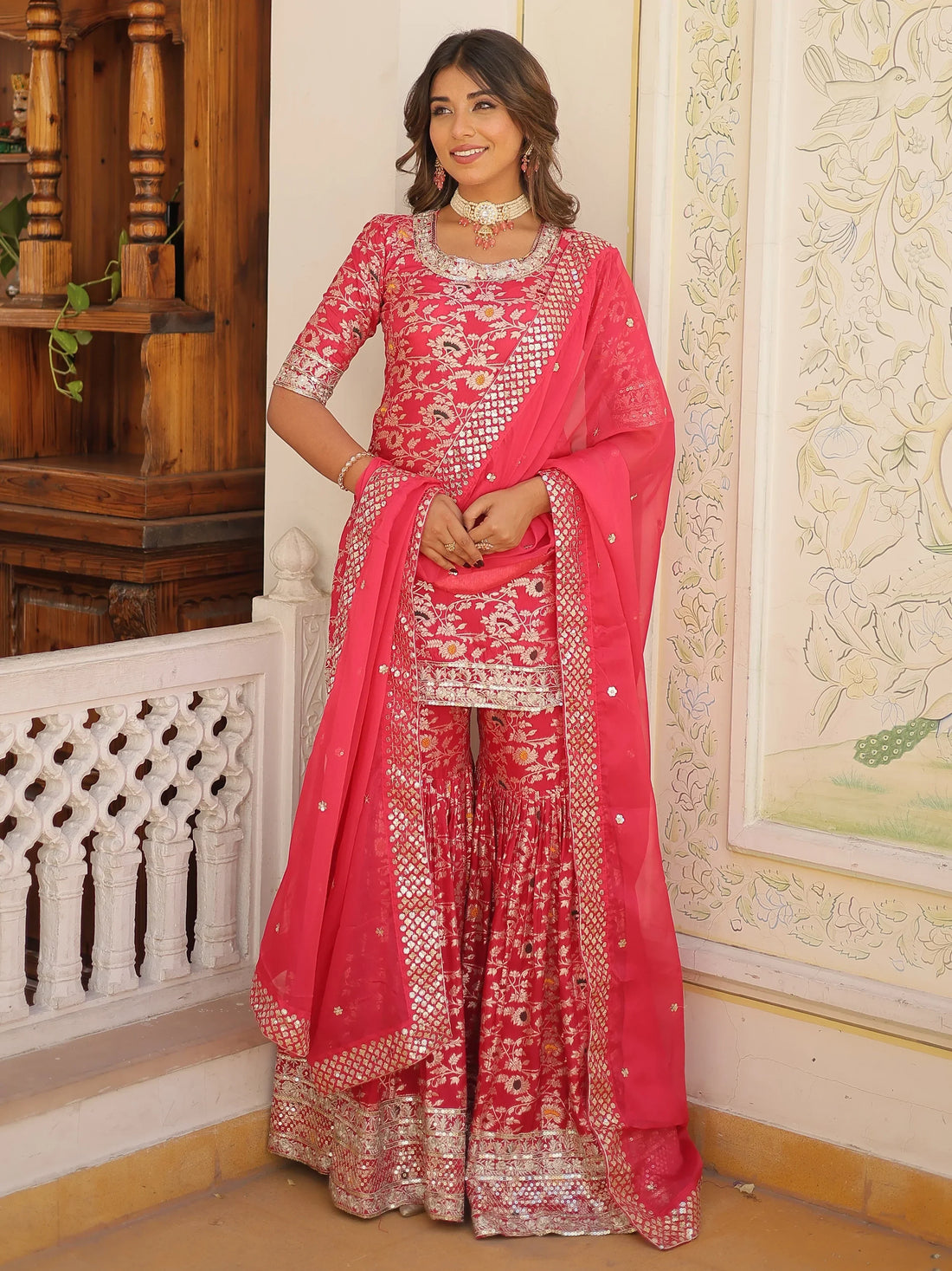 Beautiful Rani Pink Embroidered Jacquard Festival Wear Sharara Suit