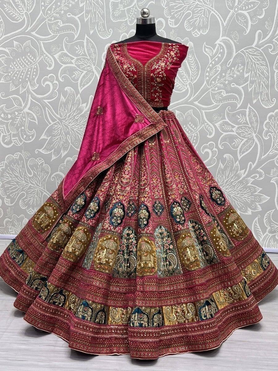 Beautiful Rani Pink Embroidered Velvet Lehenga Choli With Double Dupatta