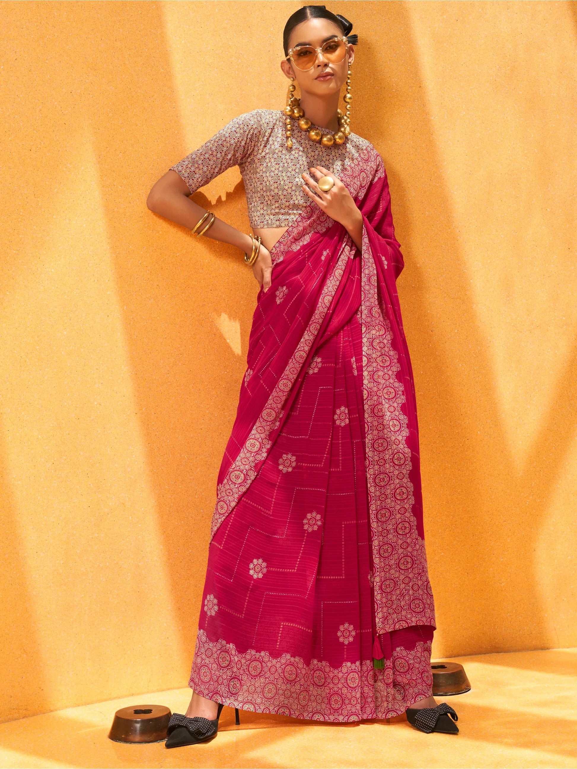 Beautiful Rani Pink Foil Printed Georgette Festival Wear Saree With Blouse - Zeel Clothing