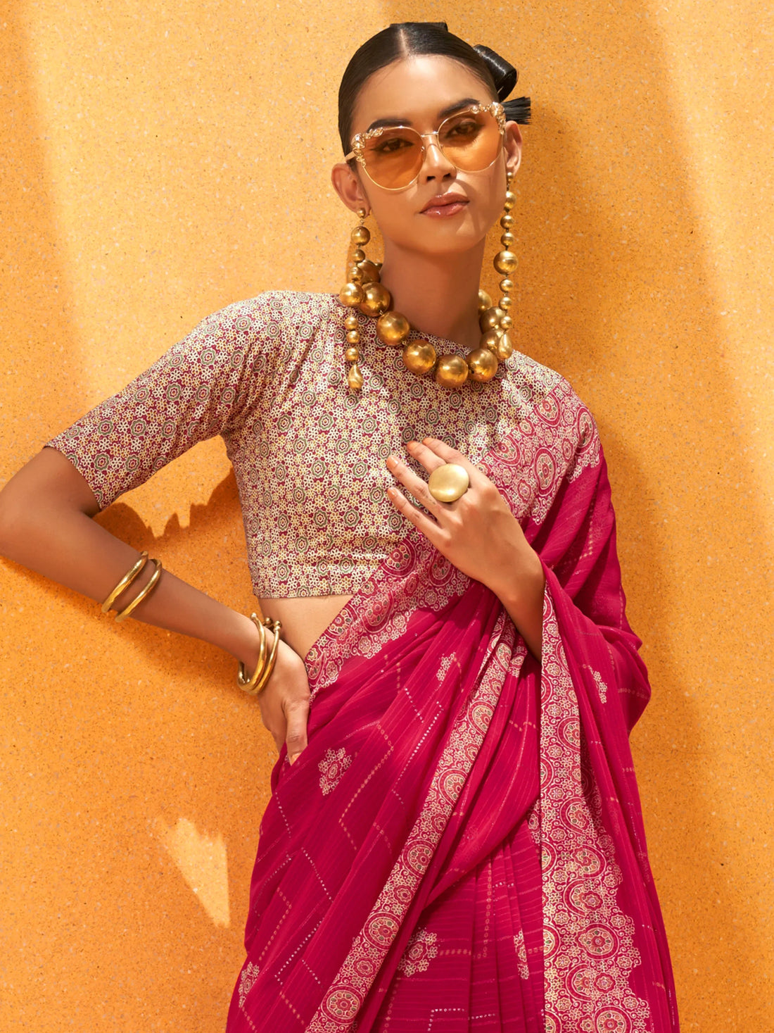 Beautiful Rani Pink Foil Printed Georgette Festival Wear Saree With Blouse - Zeel Clothing