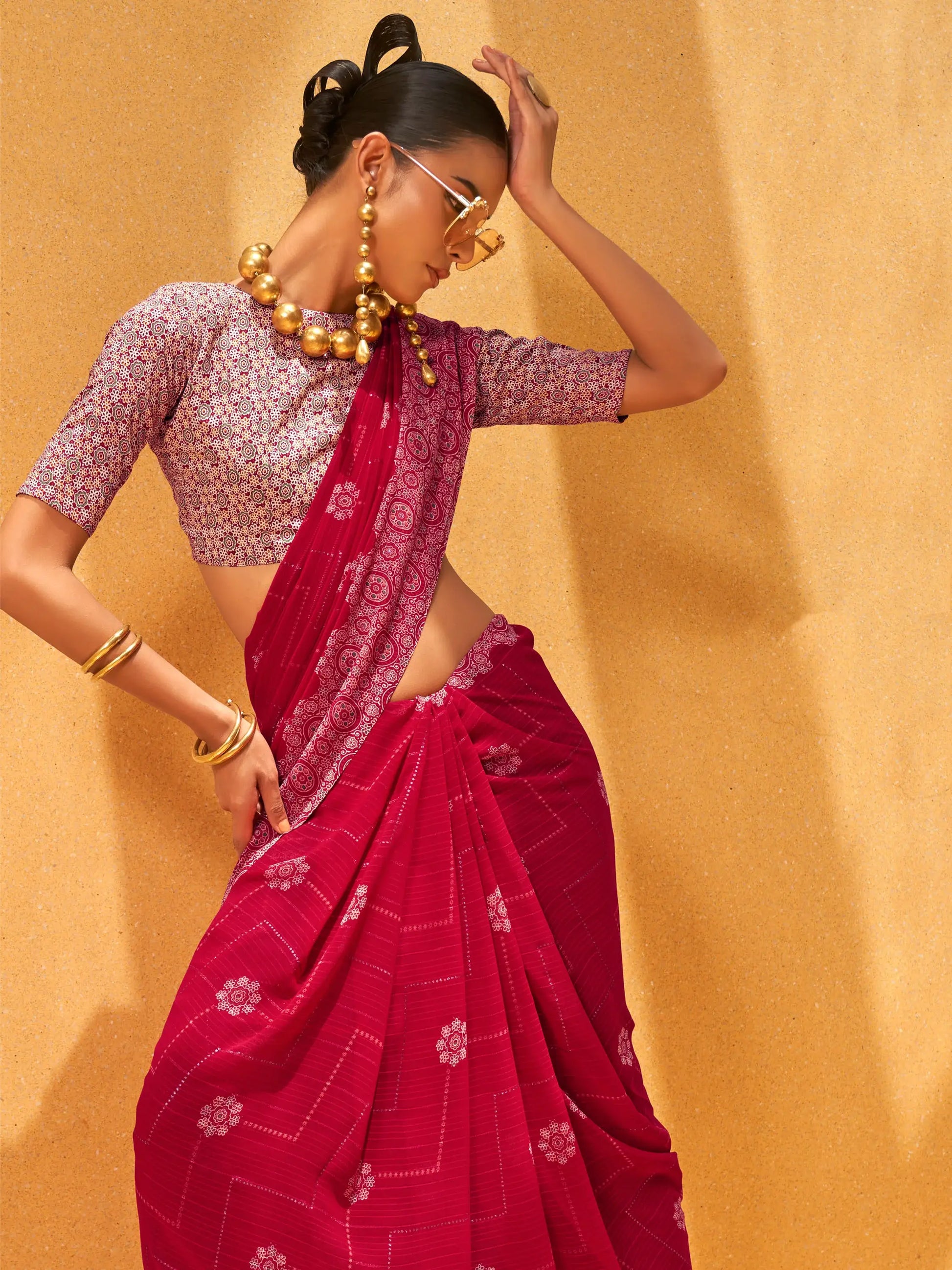 Beautiful Rani Pink Foil Printed Georgette Festival Wear Saree With Blouse - Zeel Clothing