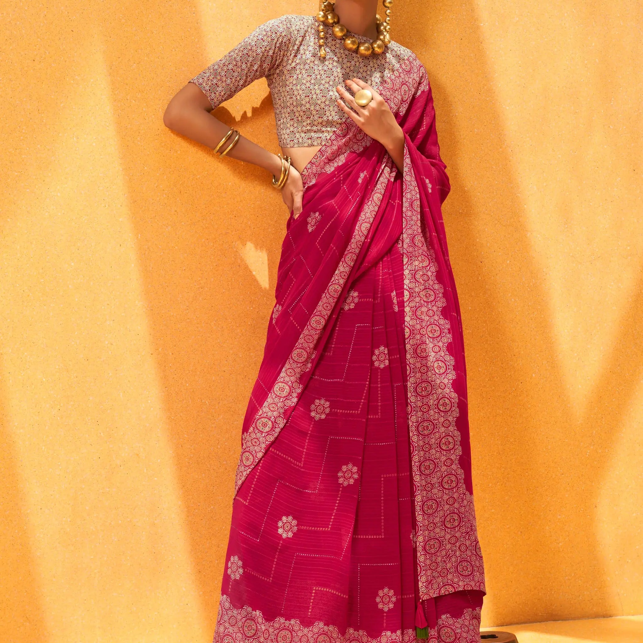 Beautiful Rani Pink Foil Printed Georgette Festival Wear Saree With Blouse - Zeel Clothing