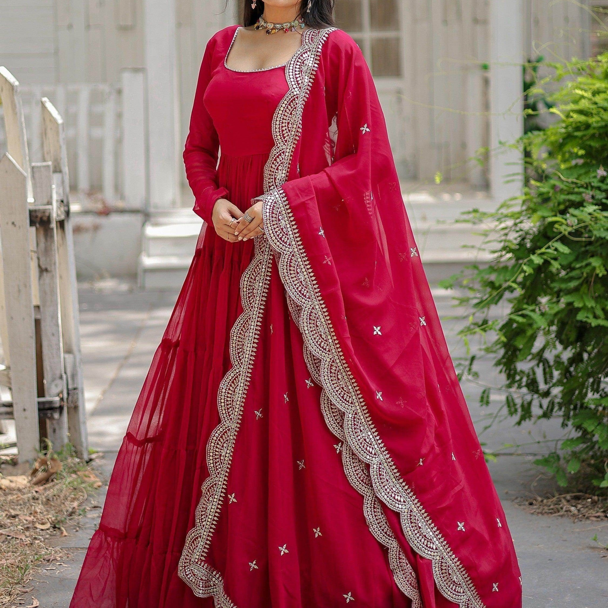 Beautiful Rani Pink Georgette Reception Wear Plain Gown With Dupatta - Zeel Clothing