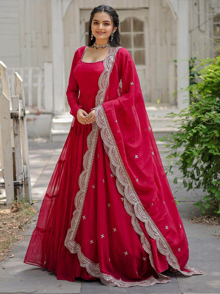 Beautiful Rani Pink Georgette Reception Wear Plain Gown With Dupatta - Zeel Clothing