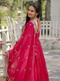 Beautiful Rani Pink Georgette Reception Wear Plain Gown With Dupatta - Zeel Clothing