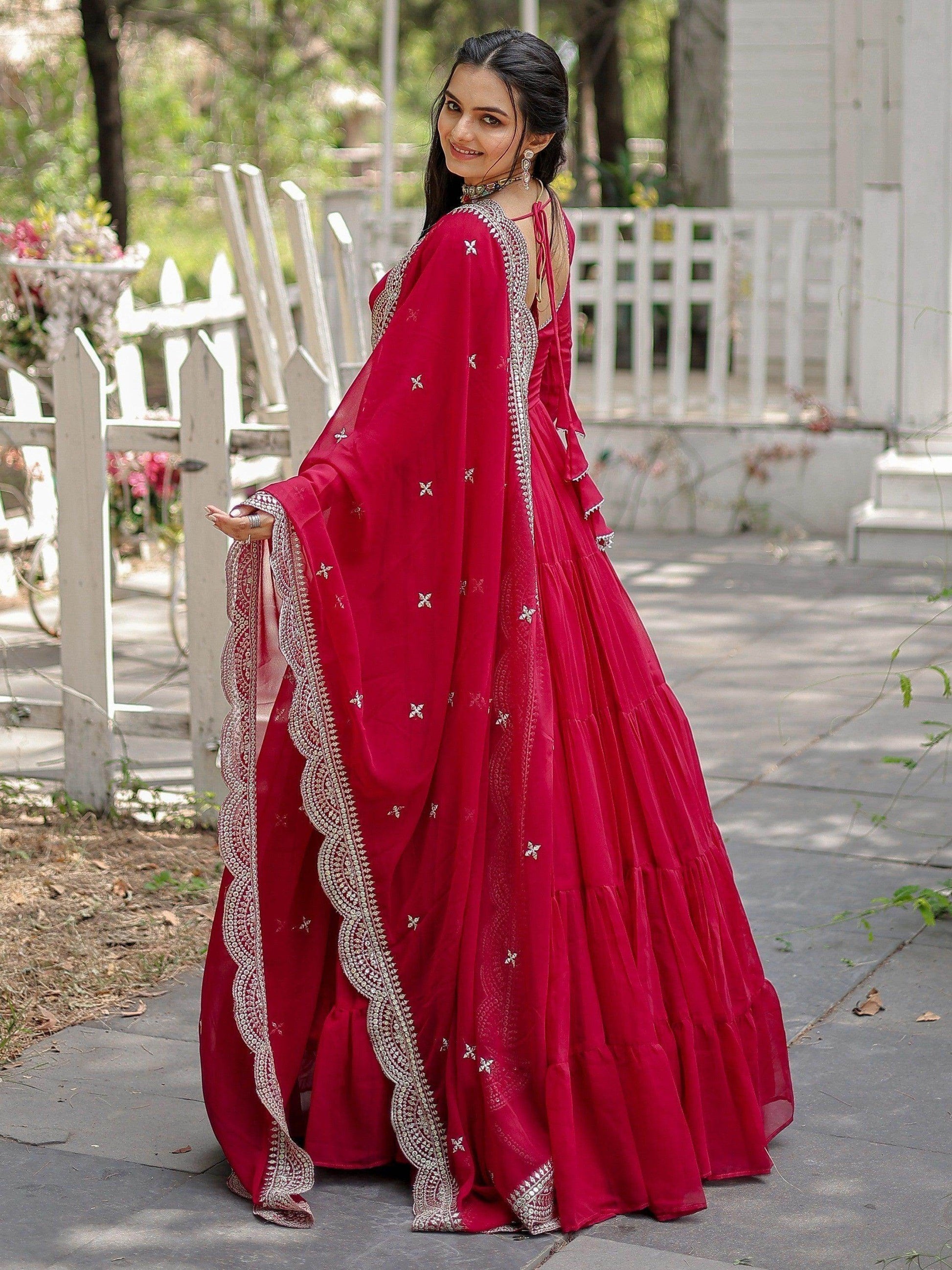 Beautiful Rani Pink Georgette Reception Wear Plain Gown With Dupatta - Zeel Clothing