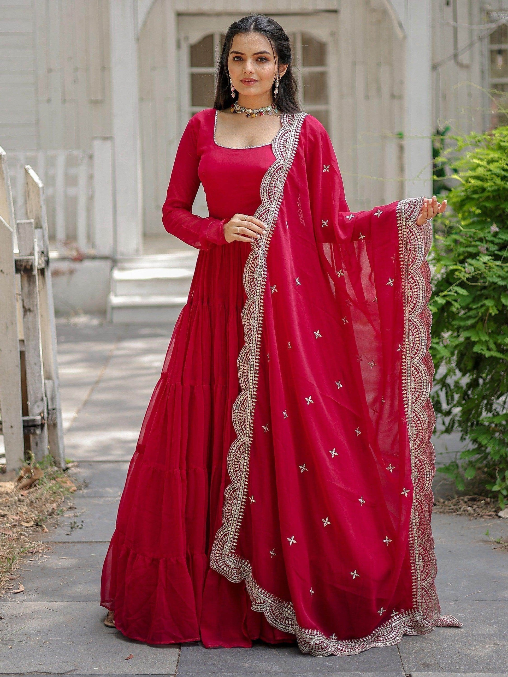 Beautiful Rani Pink Georgette Reception Wear Plain Gown With Dupatta - Zeel Clothing