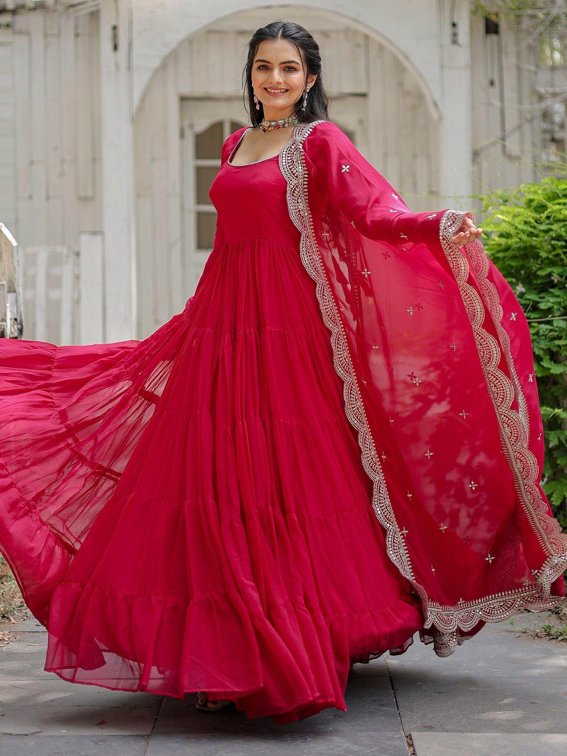 Beautiful Rani Pink Georgette Reception Wear Plain Gown With Dupatta - Zeel Clothing