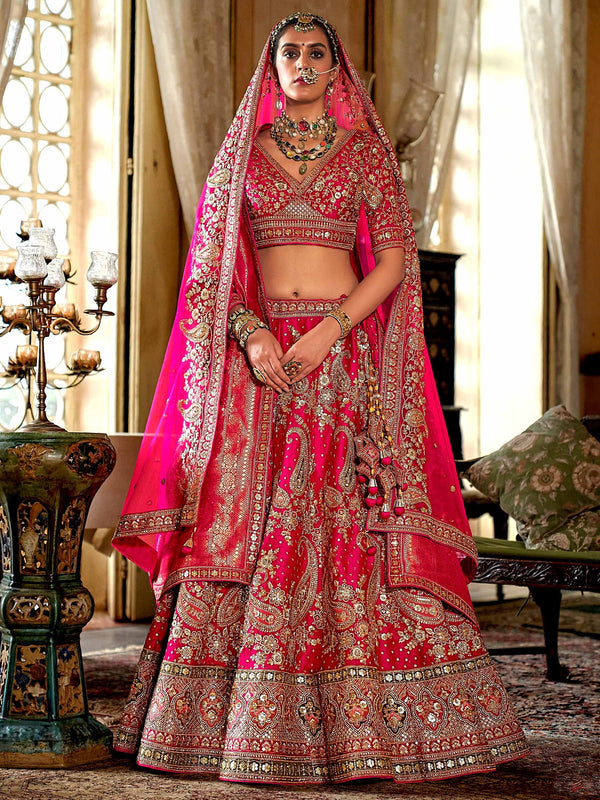 Beautiful Rani Pink Pearl Work Silk Bridal Lehenga Choli With Double Dupatta