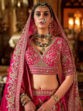 Beautiful Rani Pink Pearl Work Silk Bridal Lehenga Choli With Double Dupatta