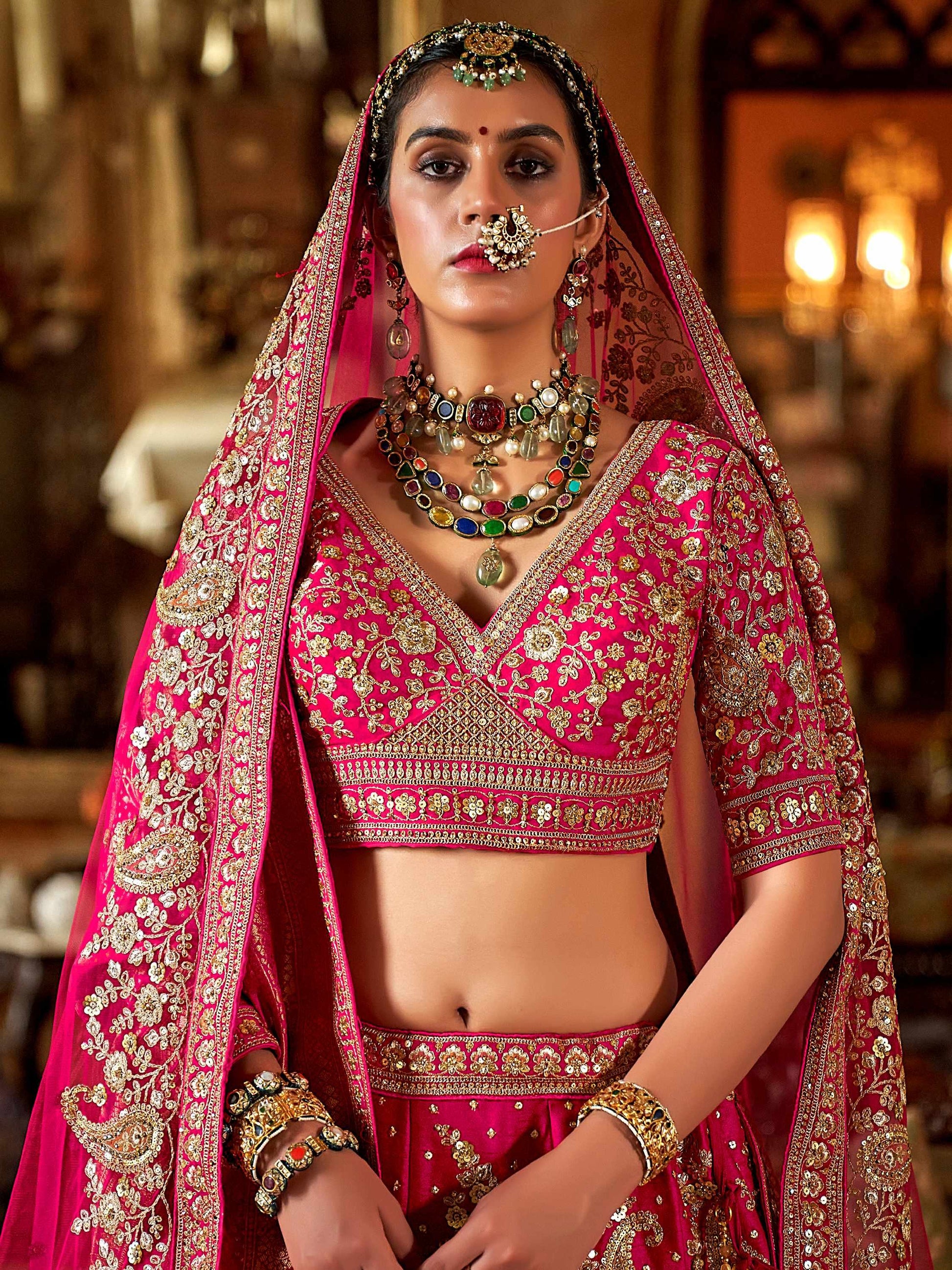Beautiful Rani Pink Pearl Work Silk Bridal Lehenga Choli With Double Dupatta