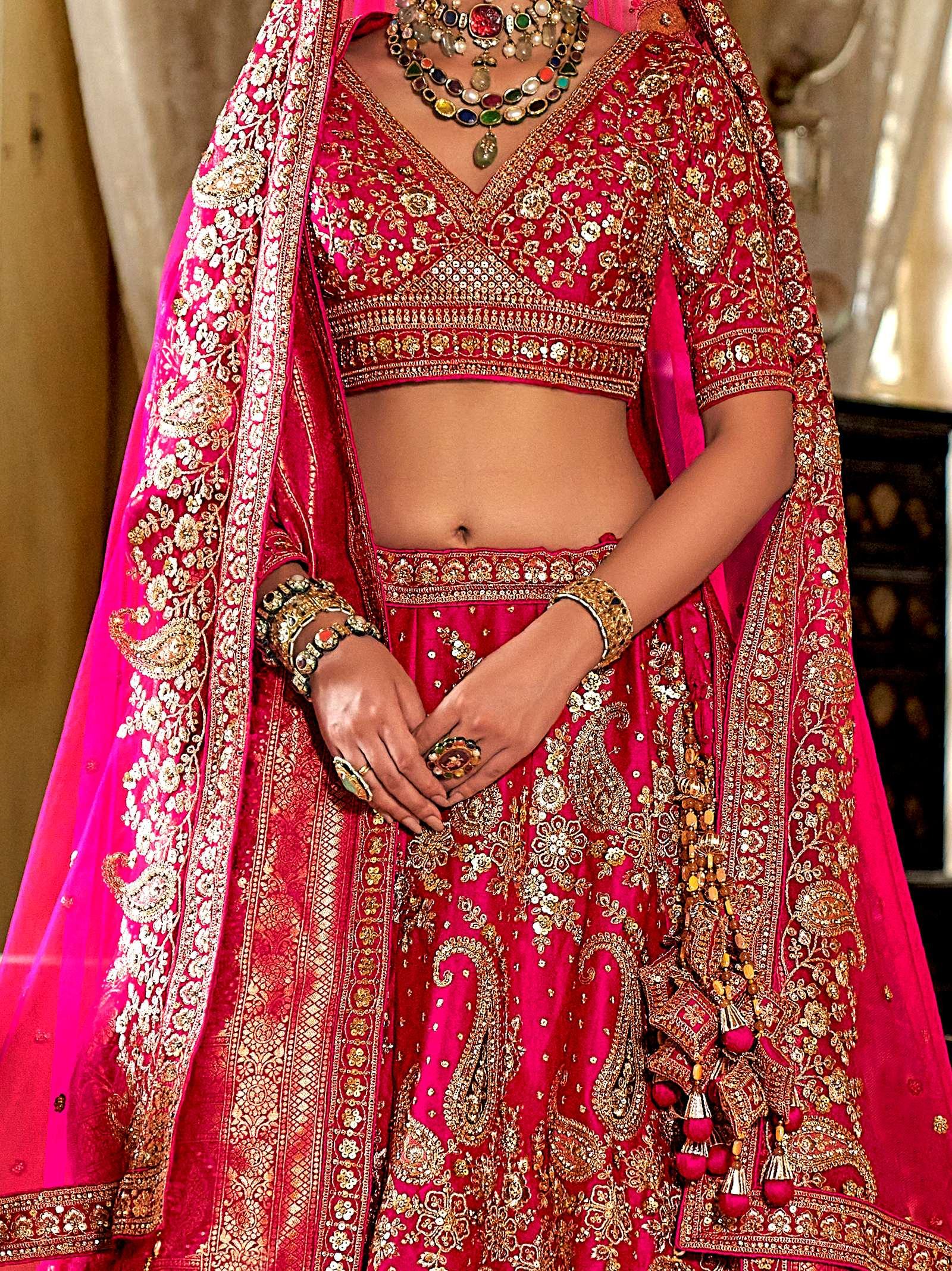 Beautiful Rani Pink Pearl Work Silk Bridal Lehenga Choli With Double Dupatta