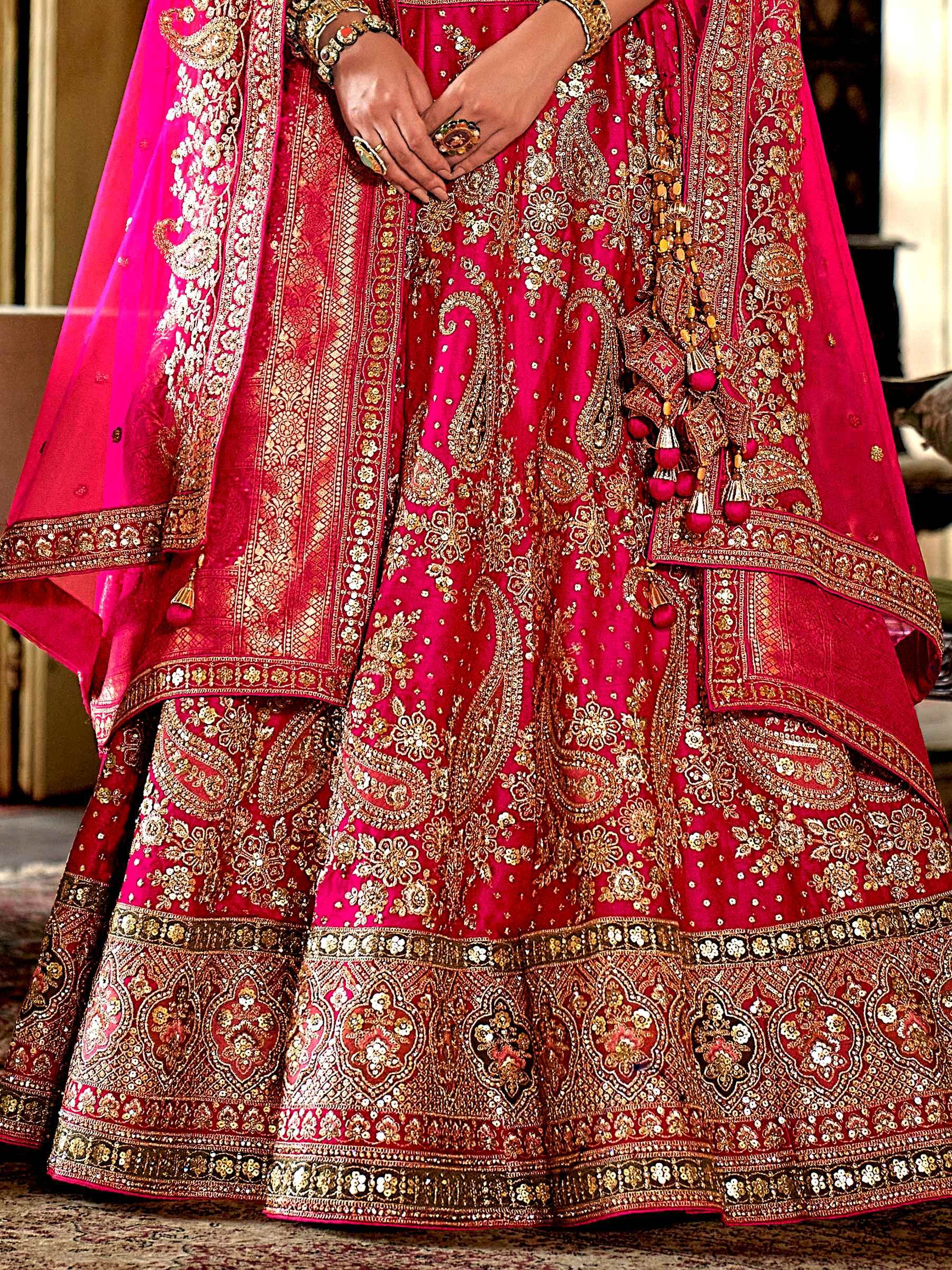 Beautiful Rani Pink Pearl Work Silk Bridal Lehenga Choli With Double Dupatta