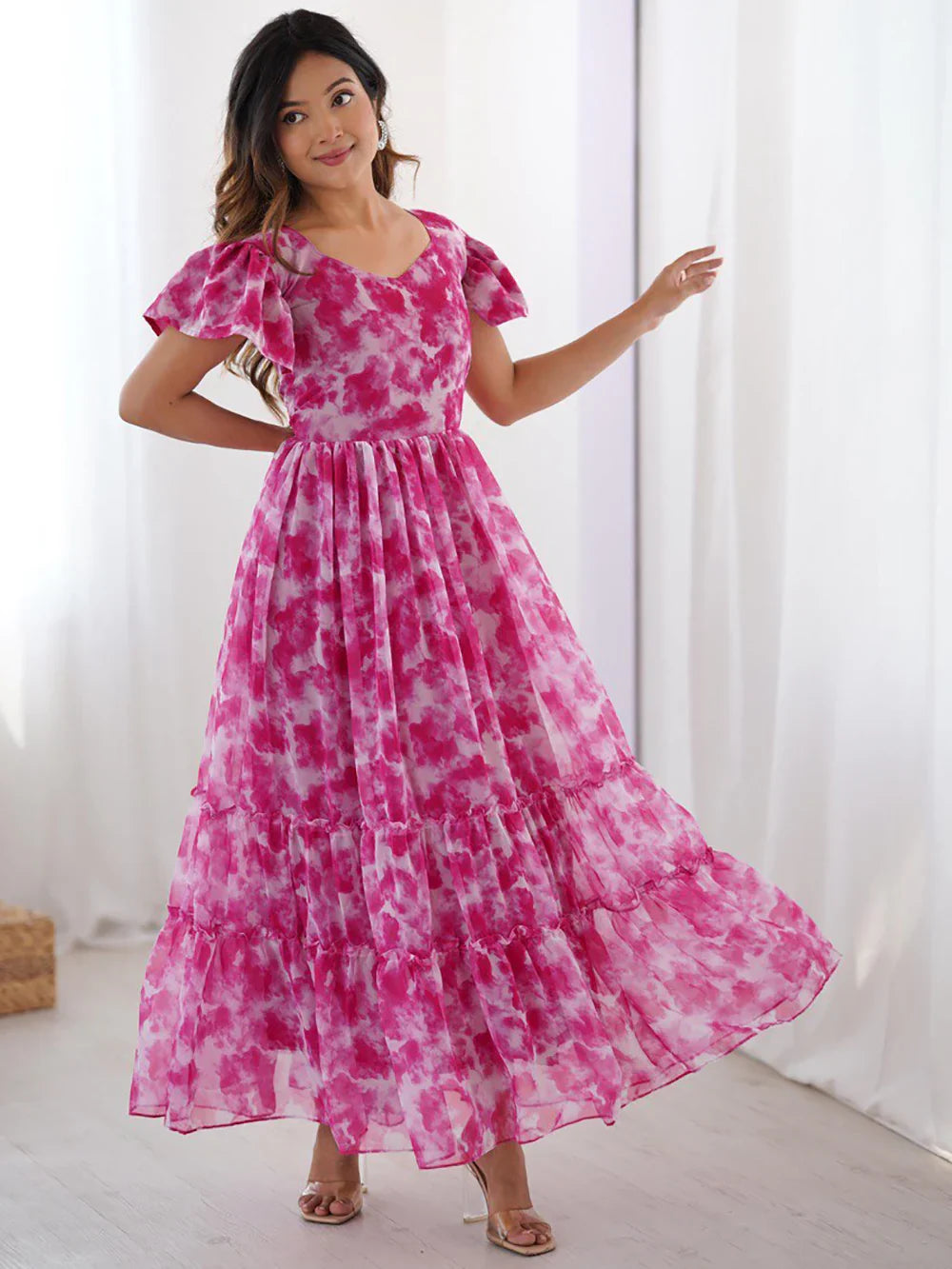 Beautiful Rani Pink Shibori Printed Georgette Western Dress - Zeel Clothing