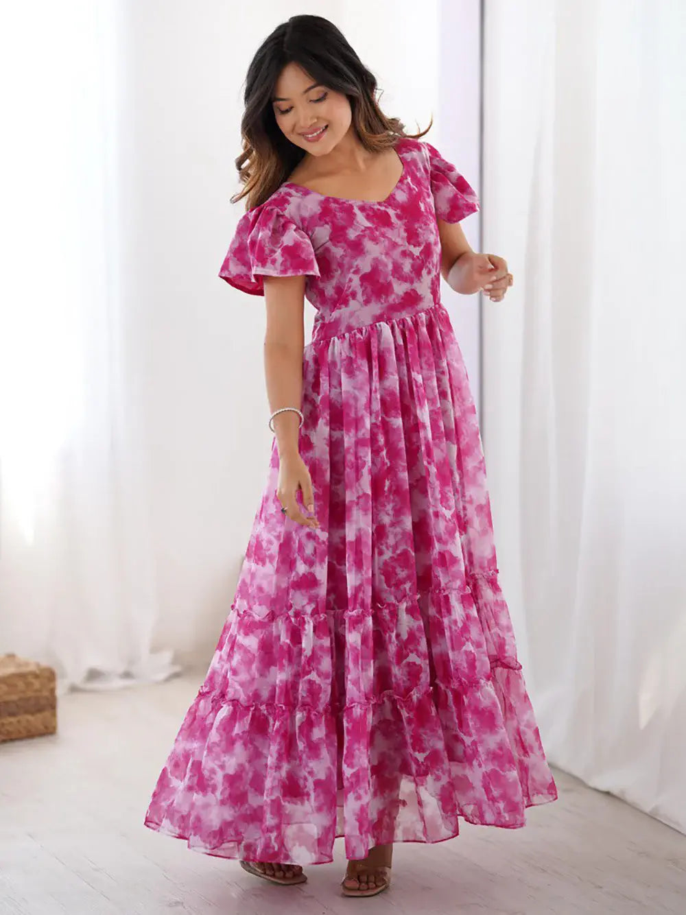 Beautiful Rani Pink Shibori Printed Georgette Western Dress - Zeel Clothing