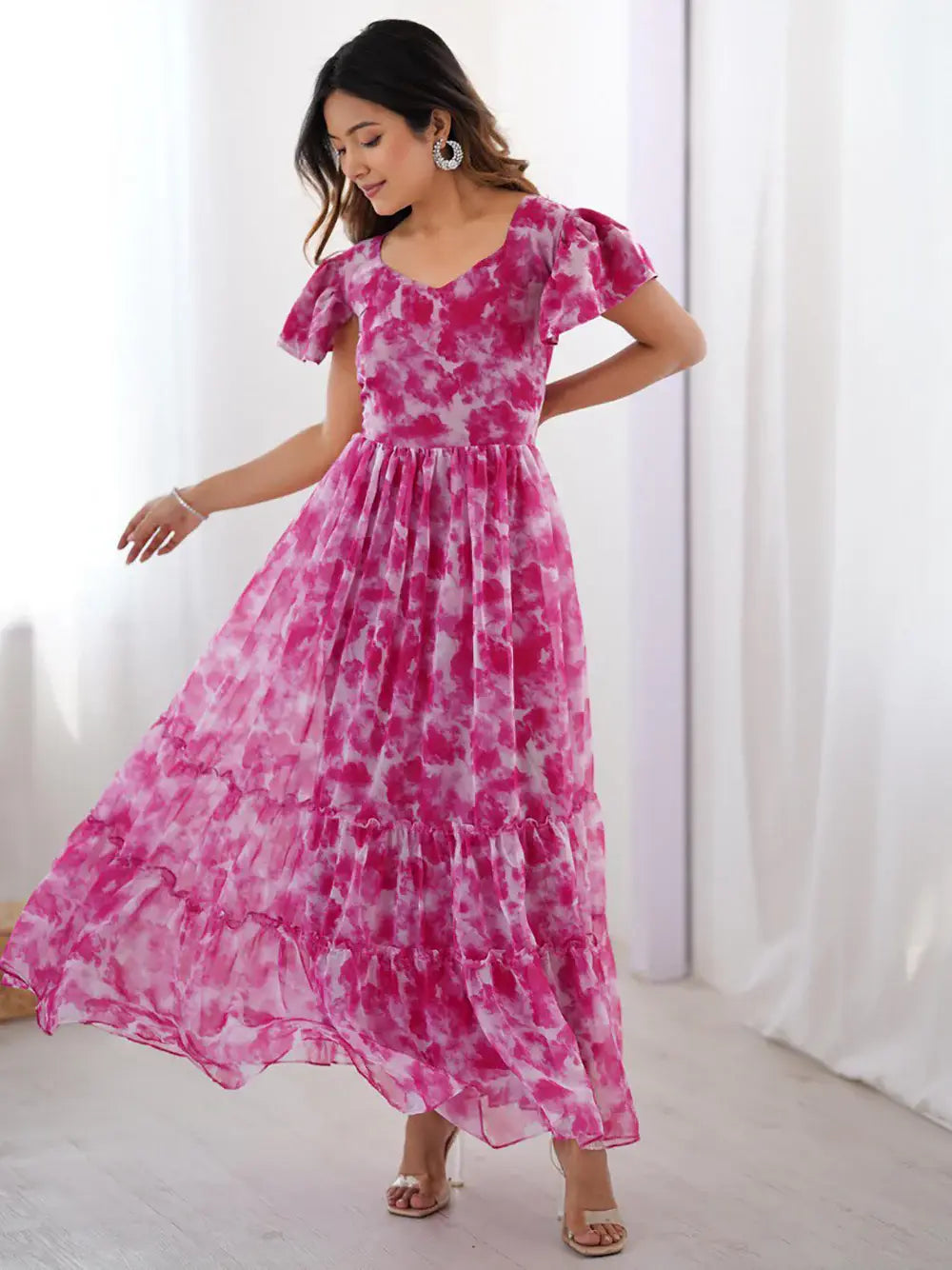 Beautiful Rani Pink Shibori Printed Georgette Western Dress - Zeel Clothing