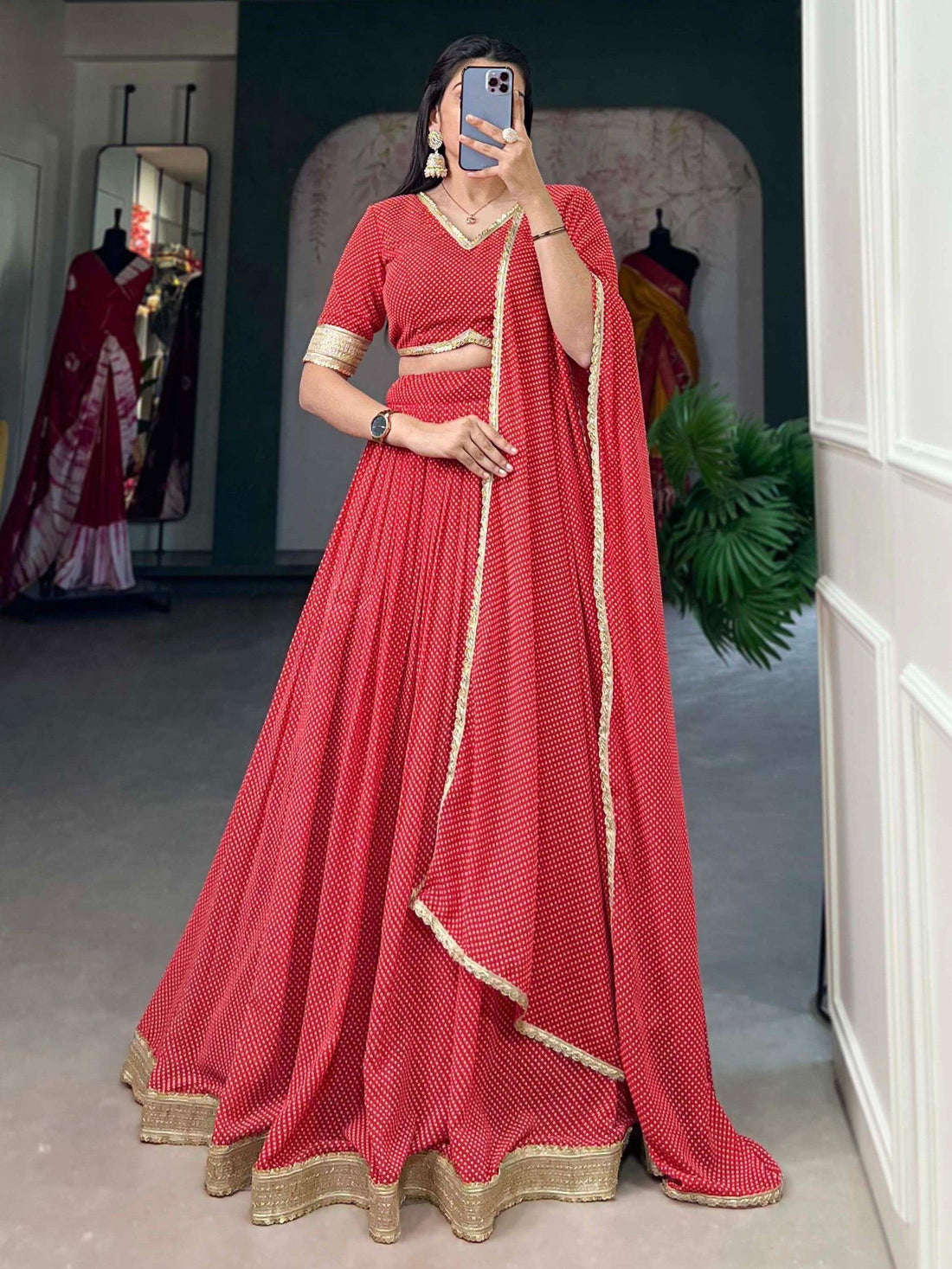 Beautiful Red Digital Printed Georgette Festive Wear Lehenga Choli