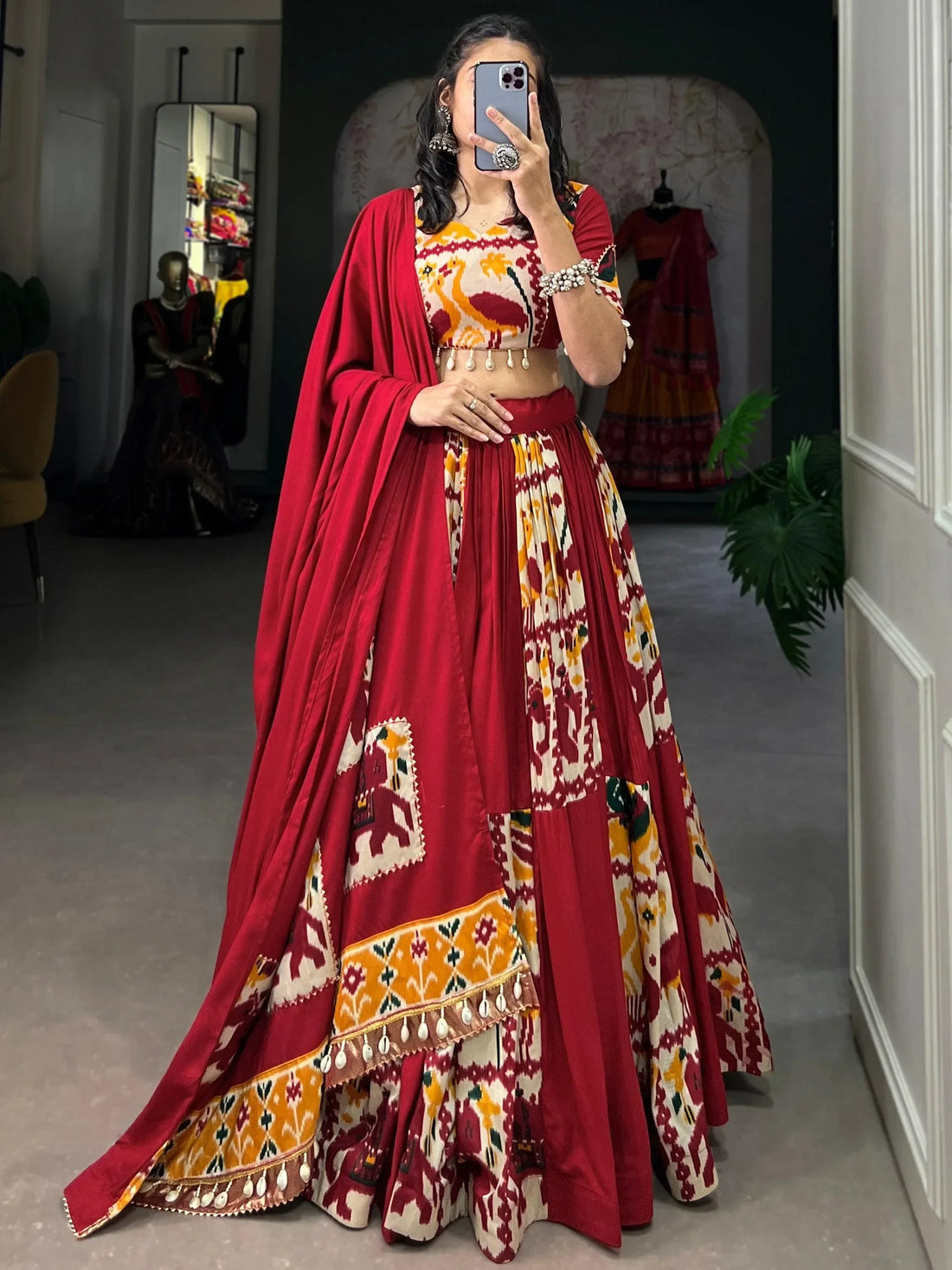 Beautiful Red Digital Printed Silk Navratri Lehenga Choli With Dupatta