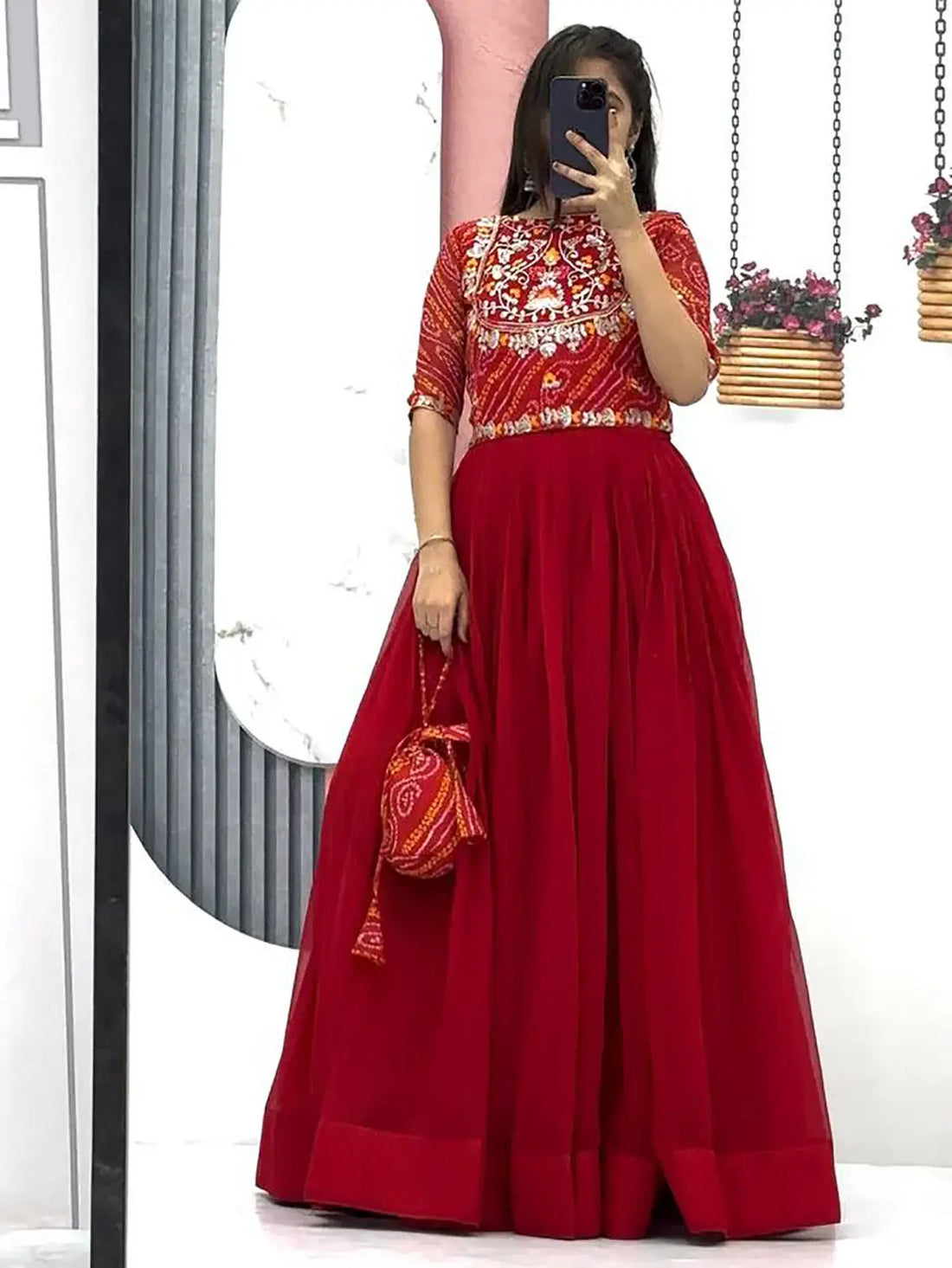 Beautiful Red Embroidered Georgette Gown With Bandhani Jacket - Zeel Clothing
