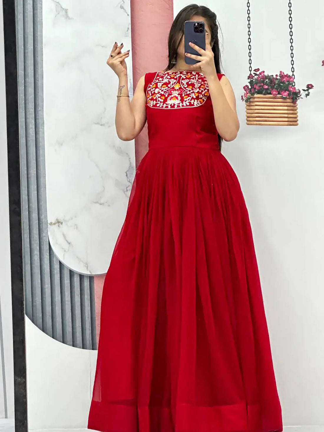 Beautiful Red Embroidered Georgette Gown With Bandhani Jacket - Zeel Clothing