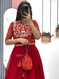 Beautiful Red Embroidered Georgette Gown With Bandhani Jacket - Zeel Clothing