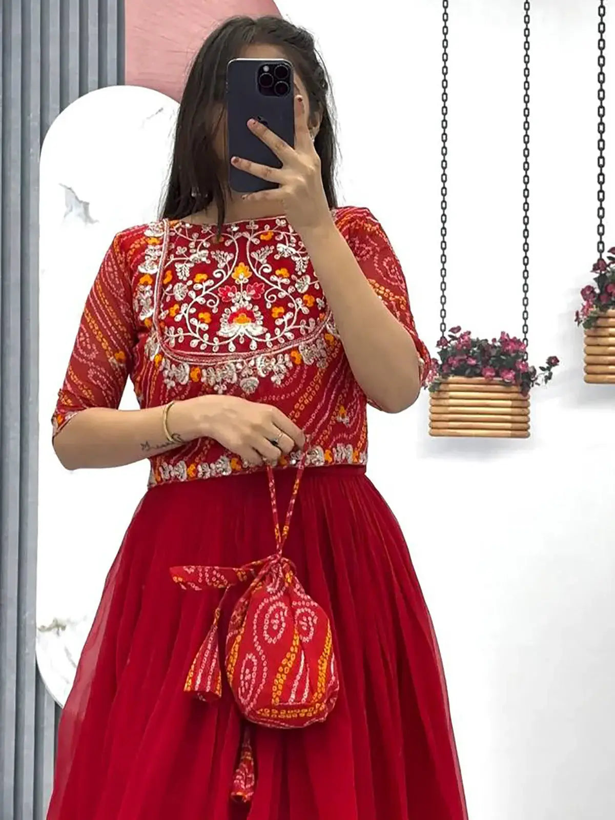 Beautiful Red Embroidered Georgette Gown With Bandhani Jacket - Zeel Clothing