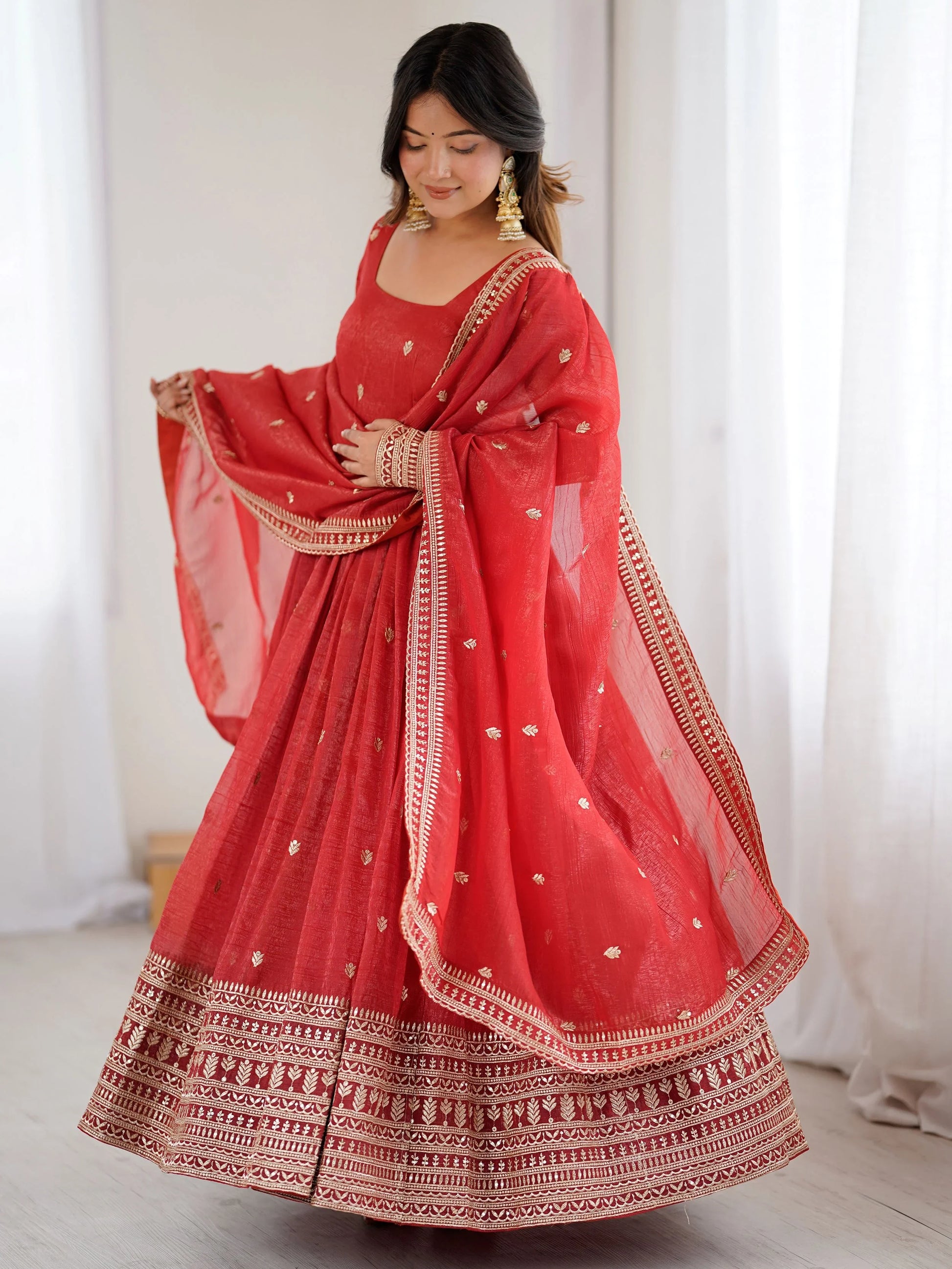 Beautiful Red Embroidered Silk Wedding Wear Anarkali Gown With Dupatta