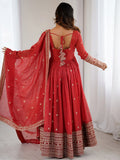 Beautiful Red Embroidered Silk Wedding Wear Anarkali Gown With Dupatta