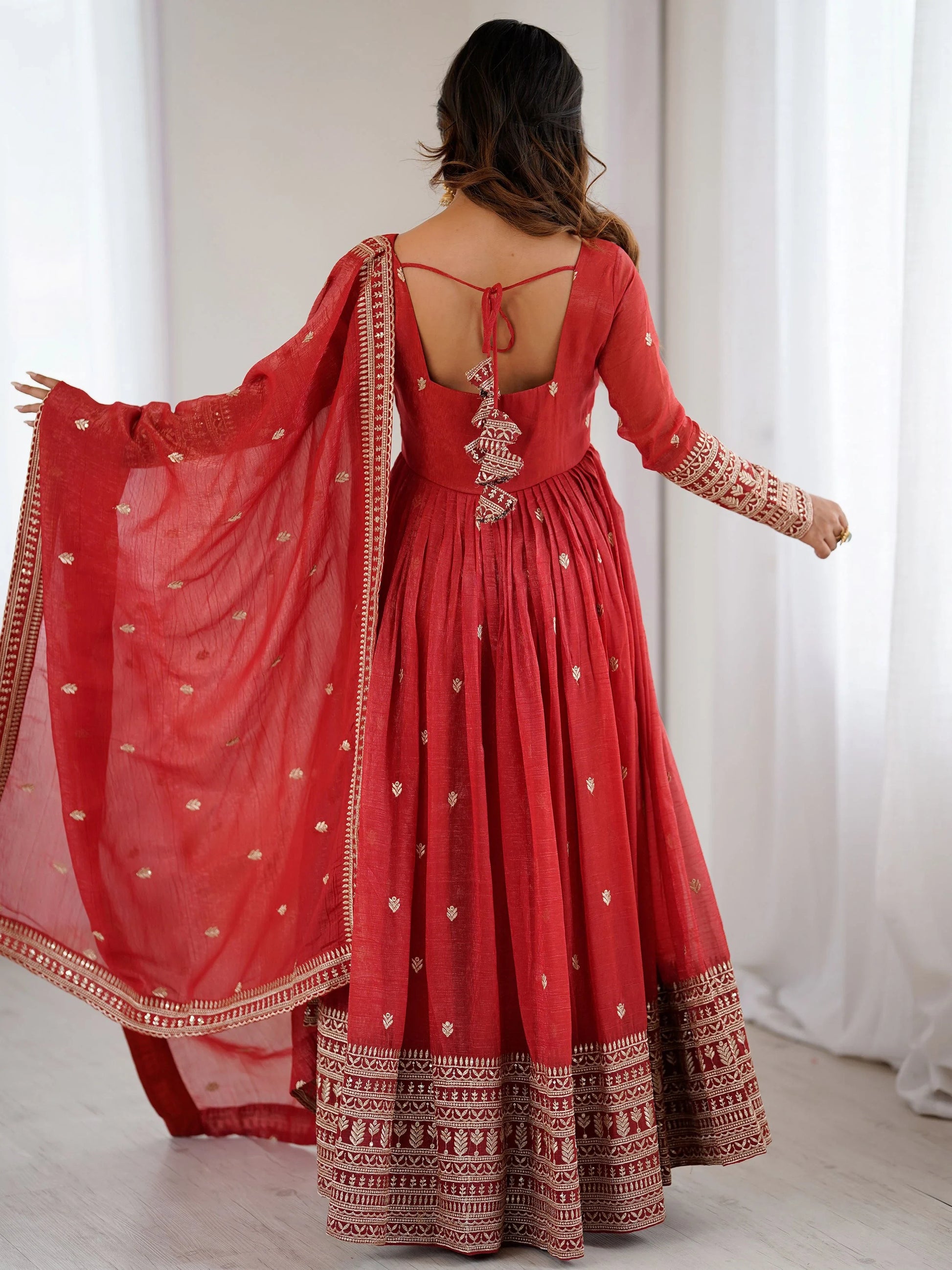 Beautiful Red Embroidered Silk Wedding Wear Anarkali Gown With Dupatta