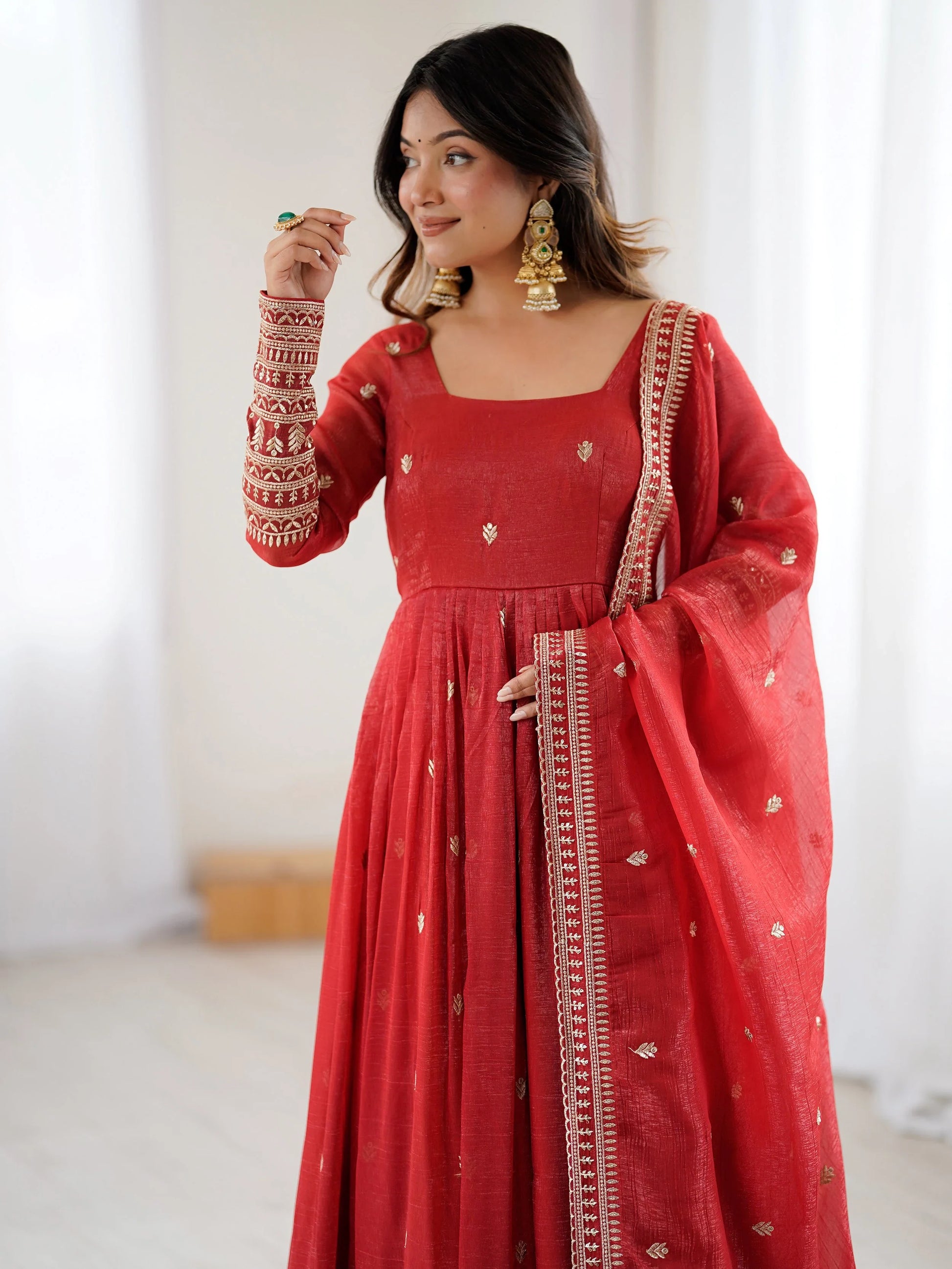 Beautiful Red Embroidered Silk Wedding Wear Anarkali Gown With Dupatta