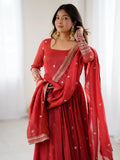 Beautiful Red Embroidered Silk Wedding Wear Anarkali Gown With Dupatta