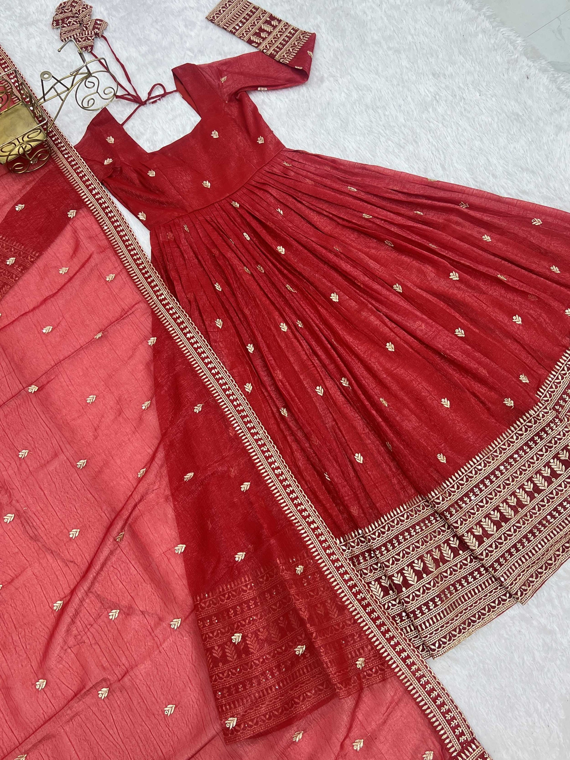 Beautiful Red Embroidered Silk Wedding Wear Anarkali Gown With Dupatta