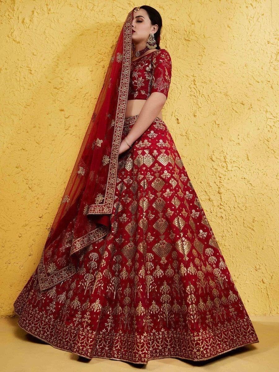 Beautiful Red Embroidered Silk Wedding Wear Lehenga Choli With Dupatta