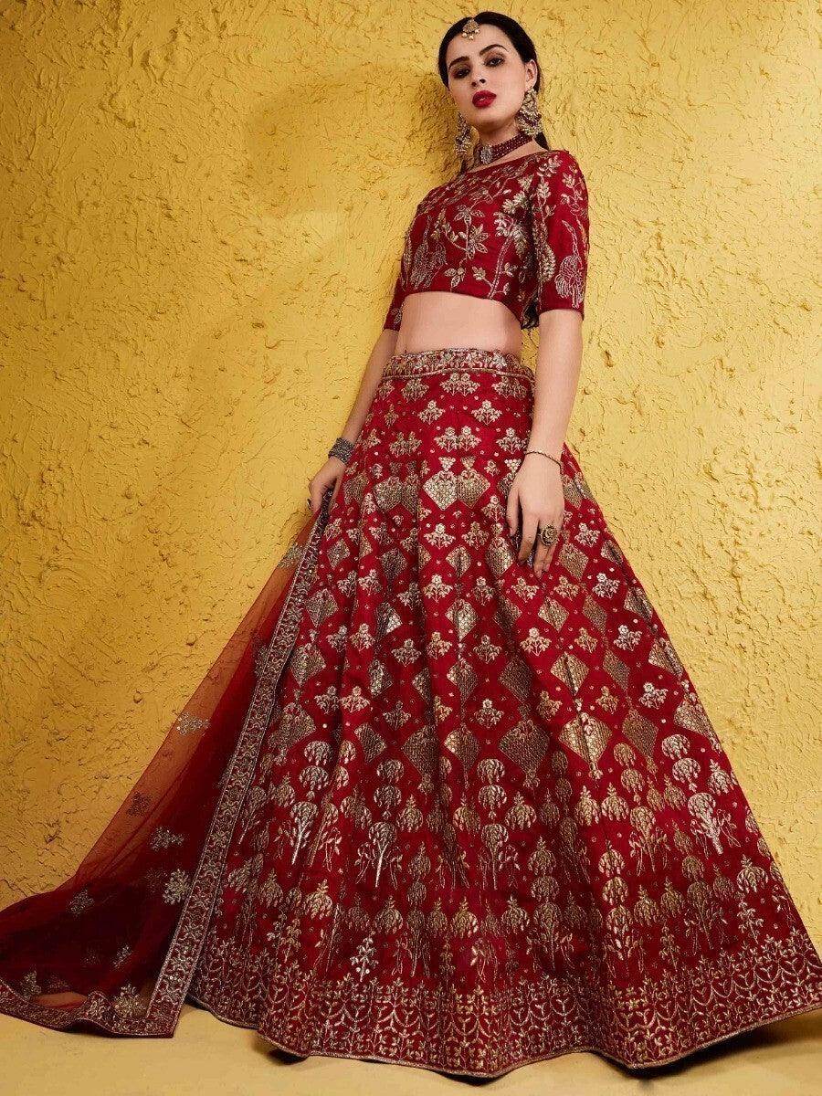 Beautiful Red Embroidered Silk Wedding Wear Lehenga Choli With Dupatta - Zeel Clothing